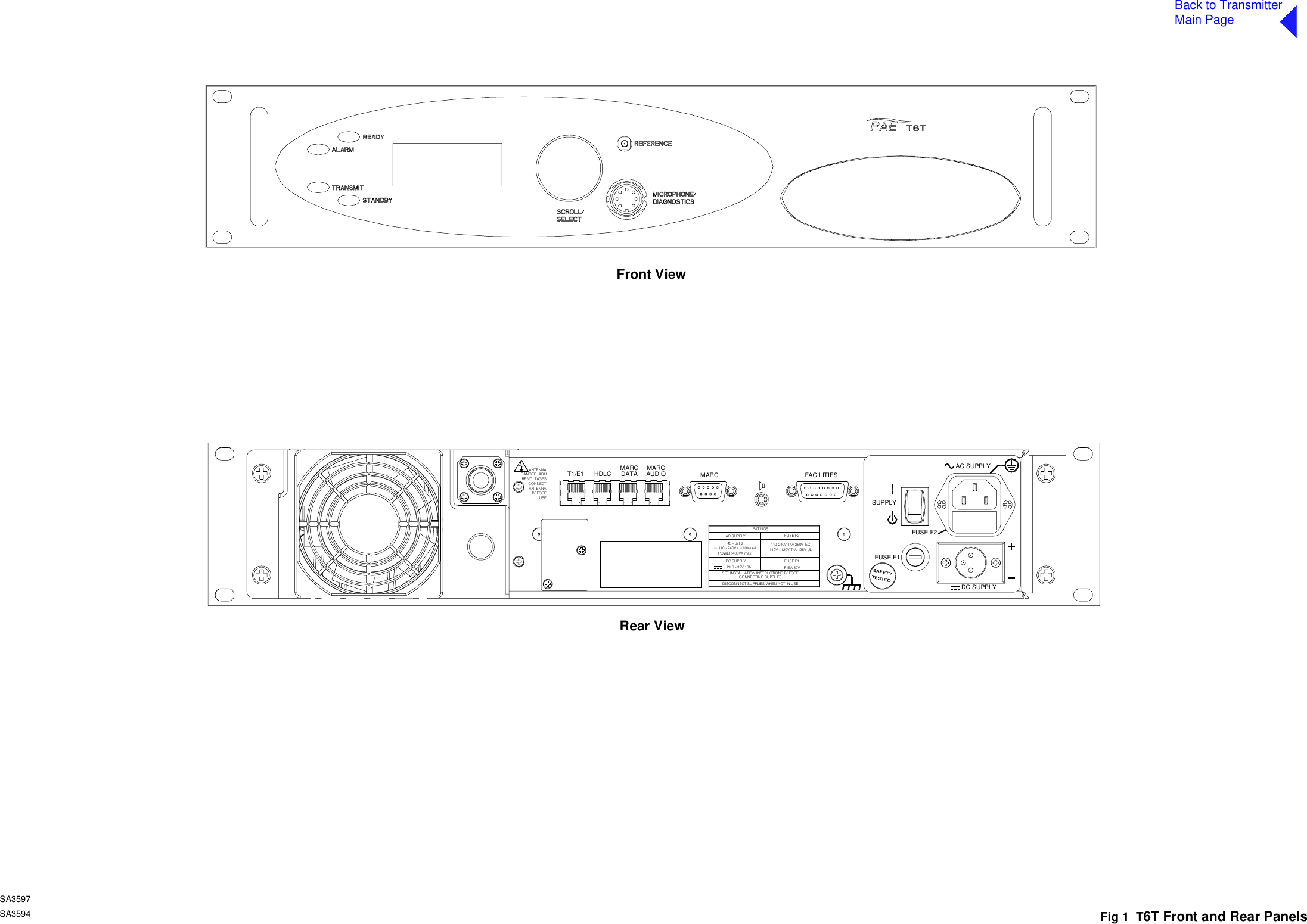 Back to TransmitterMain PageFig 1  T6T Front and Rear PanelsANTENNADANGER HIGHRF VOLTAGESCONNECTANTENNABEFOREUSET1/E1 HDLC MARCDATA MARCAUDIO MARC FACILITIES21.6 - 32V 10APOWER 400VA max~ 110 - 240V ( +10%) 4ASEE INSTALLATION INSTRUCTIONS BEFORECONNECTING SUPPLIESDISCONNECT SUPPLIES WHEN NOT IN USEDC SUPPLYAC SUPPLY48 -  62 HzFUSE F1F15A 32V110V - 120V T4A 125V UL110-240V T4A 250V IECRATINGSFUSE F2DC SUPPLYFUSE F2FUSE F1SUPPLYAC SUPPLYRear ViewFront ViewSA3597SA3594