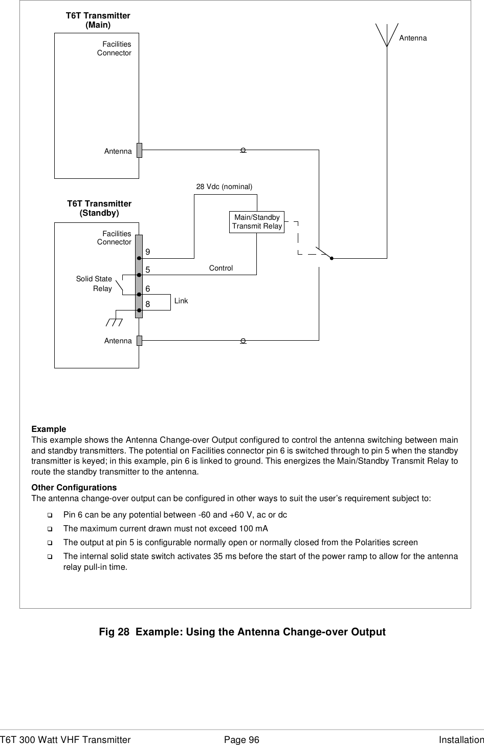 T6T 300 Watt VHF Transmitter Page 96 InstallationFig 28  Example: Using the Antenna Change-over OutputT6T Transmitter65FacilitiesConnectorAntennaT6T TransmitterFacilitiesConnectorAntenna928 Vdc (nominal)Control(Main)(Standby)AntennaMain/StandbyTransmit RelayExampleThis example shows the Antenna Change-over Output configured to control the antenna switching between mainand standby transmitters. The potential on Facilities connector pin 6 is switched through to pin 5 when the standbytransmitter is keyed; in this example, pin 6 is linked to ground. This energizes the Main/Standby Transmit Relay toroute the standby transmitter to the antenna.Other ConfigurationsThe antenna change-over output can be configured in other ways to suit the user’s requirement subject to:❑Pin 6 can be any potential between -60 and +60 V, ac or dc❑The maximum current drawn must not exceed 100 mA❑The output at pin 5 is configurable normally open or normally closed from the Polarities screen❑The internal solid state switch activates 35 ms before the start of the power ramp to allow for the antennarelay pull-in time.8Solid StateRelayLink