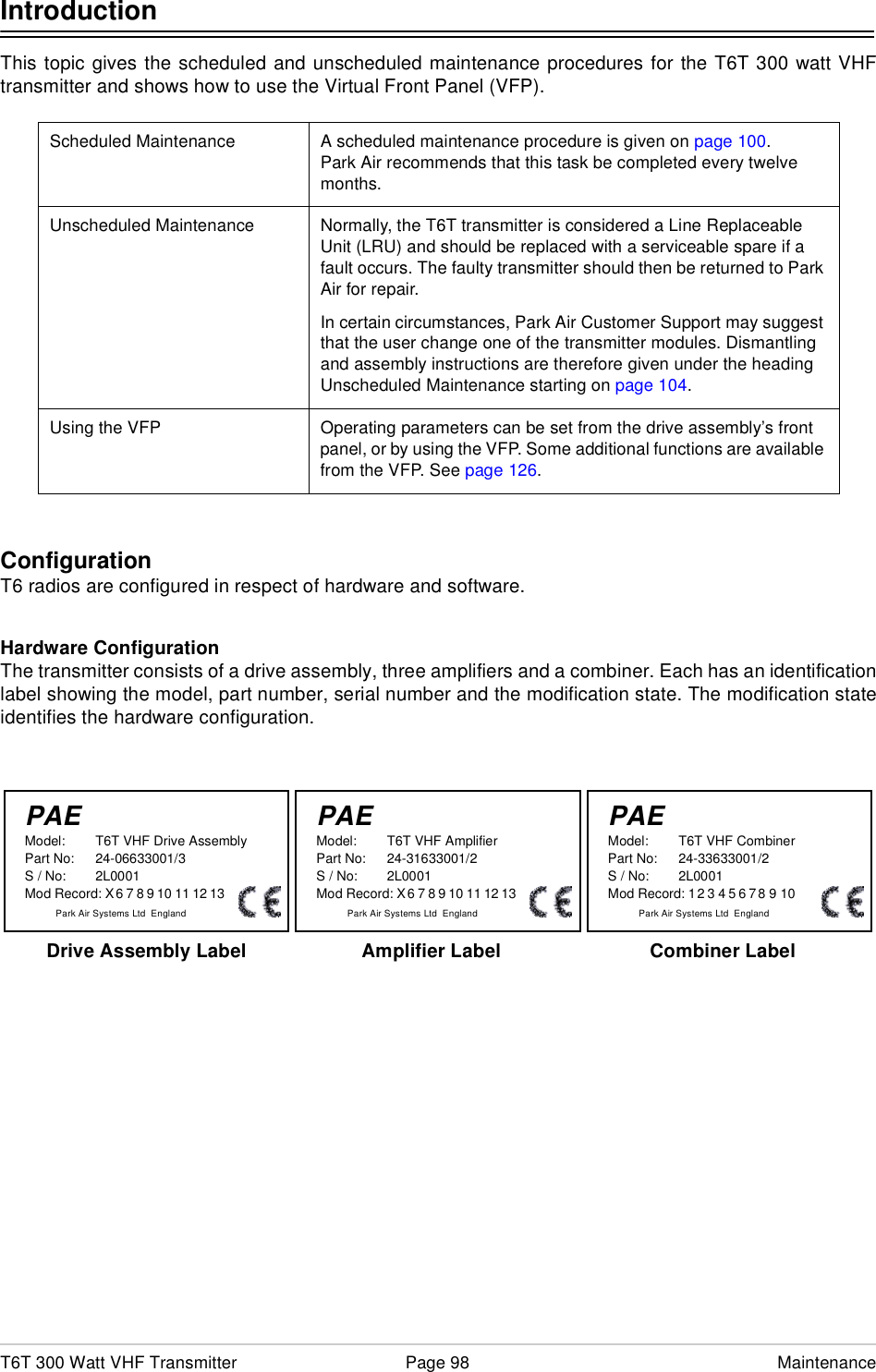 T6T 300 Watt VHF Transmitter Page 98 MaintenanceIntroductionThis topic gives the scheduled and unscheduled maintenance procedures for the T6T 300 watt VHFtransmitter and shows how to use the Virtual Front Panel (VFP).ConfigurationT6 radios are configured in respect of hardware and software.Hardware ConfigurationThe transmitter consists of a drive assembly, three amplifiers and a combiner. Each has an identificationlabel showing the model, part number, serial number and the modification state. The modification stateidentifies the hardware configuration.Scheduled Maintenance A scheduled maintenance procedure is given on page 100. Park Air recommends that this task be completed every twelve months.Unscheduled Maintenance Normally, the T6T transmitter is considered a Line Replaceable Unit (LRU) and should be replaced with a serviceable spare if a fault occurs. The faulty transmitter should then be returned to Park Air for repair.In certain circumstances, Park Air Customer Support may suggest that the user change one of the transmitter modules. Dismantling and assembly instructions are therefore given under the heading Unscheduled Maintenance starting on page 104.Using the VFP Operating parameters can be set from the drive assembly’s front panel, or by using the VFP. Some additional functions are available from the VFP. See page 126.Model:Part No:S / No:Mod Record:T6T VHF Drive Assembly24-06633001/32L0001X 6  7  8 9 10  11  12  13Park Air Systems Ltd  EnglandPAE Model:Part No:S / No:Mod Record:T6T VHF Amplifier24-31633001/22L0001X 6  7  8 9 10  11  12  13Park Air Systems Ltd  EnglandPAE Model:Part No:S / No:Mod Record:T6T VHF Combiner24-33633001/22L00011 2  3  4 5 6 7 8 9 10Park Air Systems Ltd  EnglandPAEDrive Assembly Label Amplifier Label Combiner Label