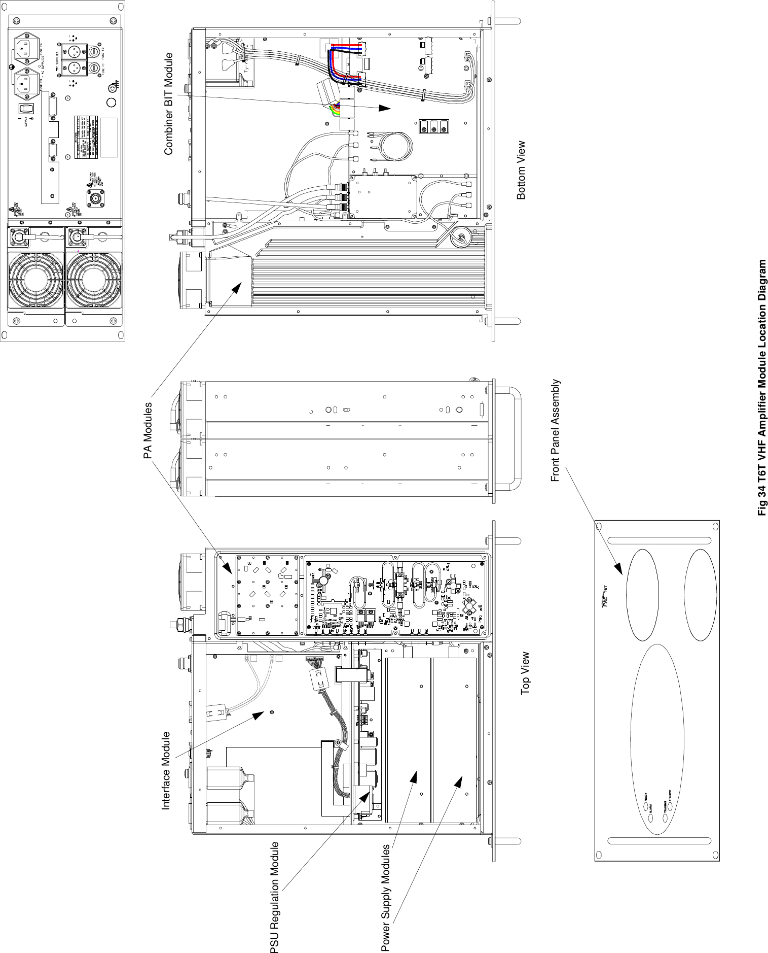 Fig 34 T6T VHF Amplifier Module Location DiagramTop View Bottom ViewCombiner BIT ModuleInterface ModulePSU Regulation ModulePower Supply ModulesPA ModulesFront Panel Assembly