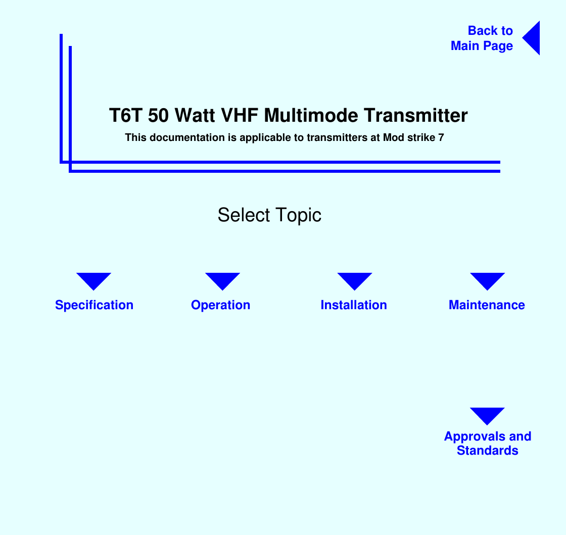 T6T 50 Watt VHF Multimode TransmitterSelect TopicBack toMain PageMaintenanceInstallationOperationSpecificationThis documentation is applicable to transmitters at Mod strike 7Approvals andStandards