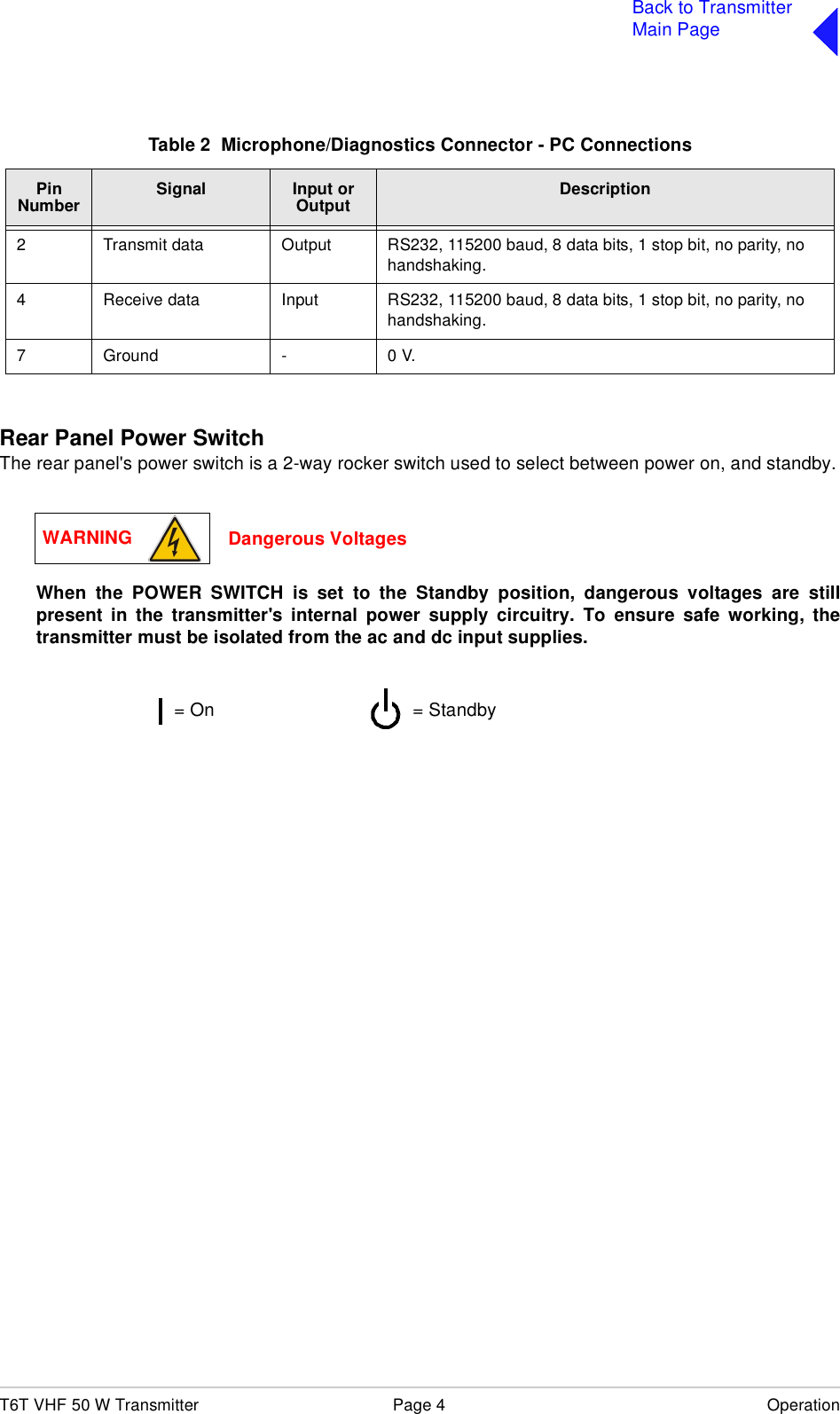 T6T VHF 50 W Transmitter Page 4 OperationBack to TransmitterMain PageRear Panel Power SwitchThe rear panel&apos;s power switch is a 2-way rocker switch used to select between power on, and standby.When the POWER SWITCH is set to the Standby position, dangerous voltages are stillpresent in the transmitter&apos;s internal power supply circuitry. To ensure safe working, thetransmitter must be isolated from the ac and dc input supplies.Table 2  Microphone/Diagnostics Connector - PC ConnectionsPinNumber Signal Input or Output Description2 Transmit data Output RS232, 115200 baud, 8 data bits, 1 stop bit, no parity, no handshaking.4 Receive data Input RS232, 115200 baud, 8 data bits, 1 stop bit, no parity, no handshaking.7 Ground - 0 V.WARNING Dangerous Voltages= Standby= On