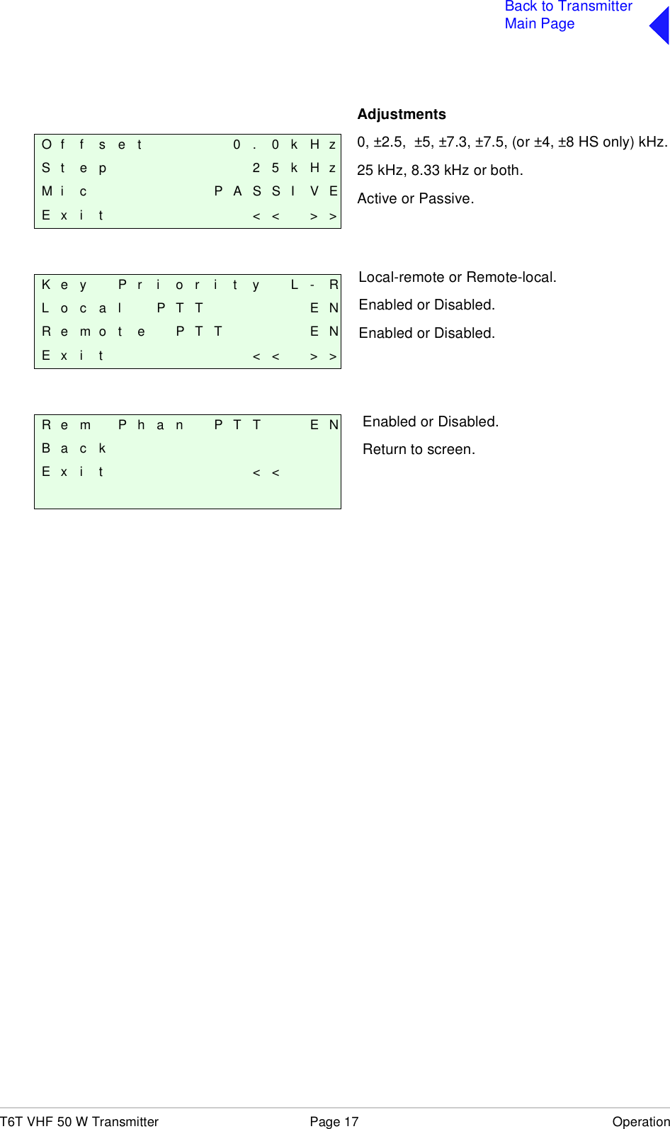 T6T VHF 50 W Transmitter Page 17 OperationBack to TransmitterMain PageO f f s e t 0 . 0 k H zS t e p 2 5 k H zM i c P A S S I V EE x i t &lt; &lt; &gt; &gt;K e y P r i o r i t y L - RL o c a l P T T E NR e m o t e P T T E NE x i t &lt; &lt; &gt; &gt;R e m P h a n P T T E NB a c kE x i t &lt; &lt;Adjustments0, ±2.5,  ±5, ±7.3, ±7.5, (or ±4, ±8 HS only) kHz.25 kHz, 8.33 kHz or both.Active or Passive.Local-remote or Remote-local.Enabled or Disabled.Enabled or Disabled.Enabled or Disabled.Return to screen.