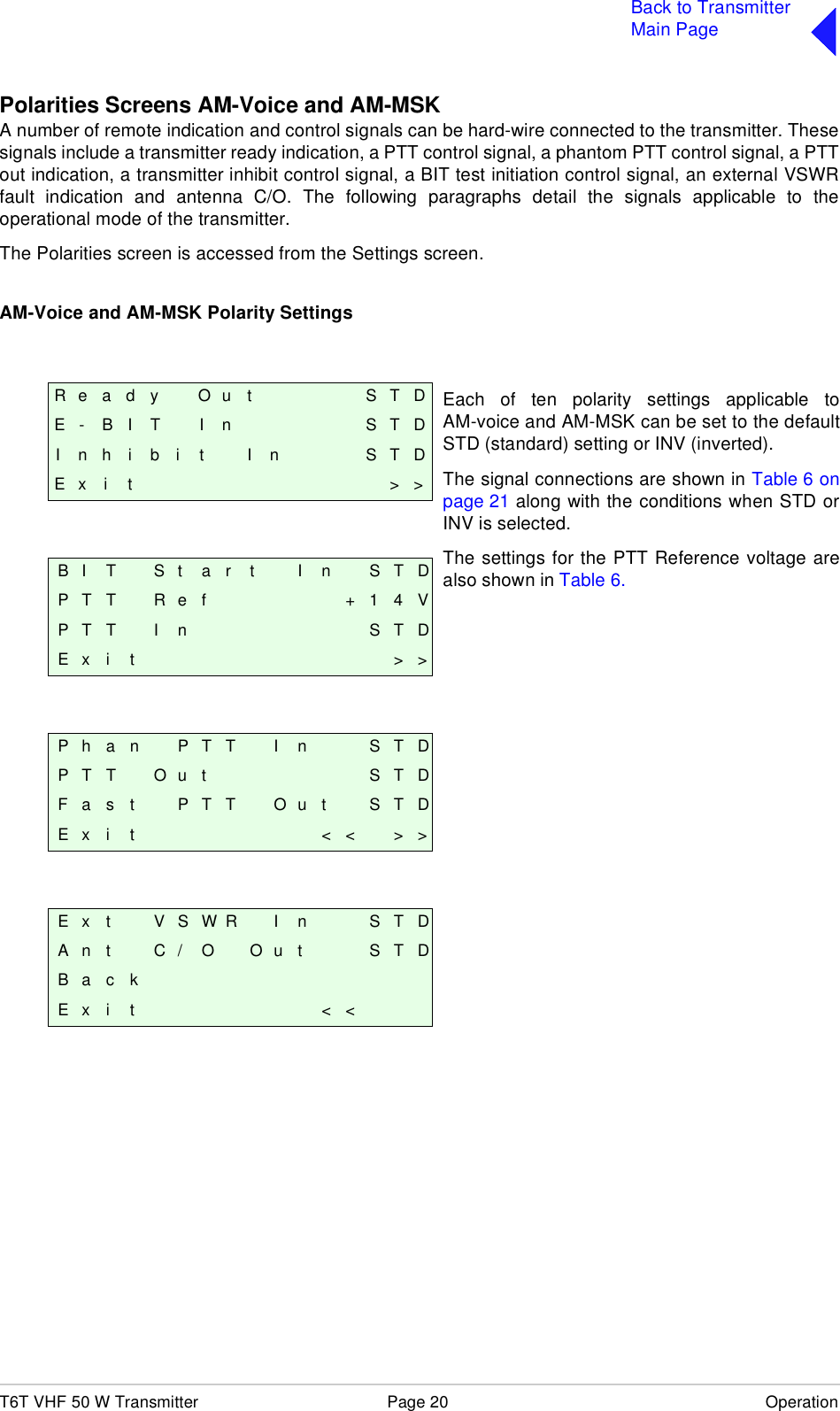 T6T VHF 50 W Transmitter Page 20 OperationBack to TransmitterMain PagePolarities Screens AM-Voice and AM-MSKA number of remote indication and control signals can be hard-wire connected to the transmitter. Thesesignals include a transmitter ready indication, a PTT control signal, a phantom PTT control signal, a PTTout indication, a transmitter inhibit control signal, a BIT test initiation control signal, an external VSWRfault indication and antenna C/O. The following paragraphs detail the signals applicable to theoperational mode of the transmitter.The Polarities screen is accessed from the Settings screen.AM-Voice and AM-MSK Polarity SettingsR e a d y O u t S T DE - B I T I n S T DI n h i b i t I n S T DE x i t &gt; &gt;B I T S t a r t I n S T DP T T R e f + 1 4 VP T T I n S T DE x i t &gt; &gt;P h a n P T T I n S T DP T T O u t S T DF a s t P T T O u t S T DE x i t &lt; &lt; &gt; &gt;E x t V S W R I n S T DA n t C / O O u t S T DB a c kE x i t &lt; &lt;Each of ten polarity settings applicable toAM-voice and AM-MSK can be set to the defaultSTD (standard) setting or INV (inverted).The signal connections are shown in Table 6 onpage 21 along with the conditions when STD orINV is selected.The settings for the PTT Reference voltage arealso shown in Table 6.