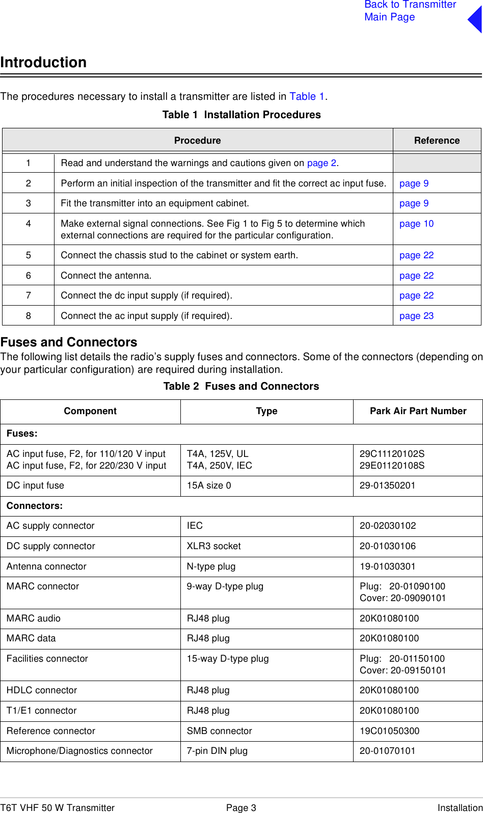 T6T VHF 50 W Transmitter Page 3 InstallationBack to TransmitterMain PageIntroductionThe procedures necessary to install a transmitter are listed in Table 1.Fuses and ConnectorsThe following list details the radio’s supply fuses and connectors. Some of the connectors (depending onyour particular configuration) are required during installation.Table 1  Installation ProceduresProcedure Reference1 Read and understand the warnings and cautions given on page 2.2 Perform an initial inspection of the transmitter and fit the correct ac input fuse. page 93 Fit the transmitter into an equipment cabinet.  page 94 Make external signal connections. See Fig 1 to Fig 5 to determine which external connections are required for the particular configuration.page 105 Connect the chassis stud to the cabinet or system earth. page 226 Connect the antenna. page 227 Connect the dc input supply (if required). page 228 Connect the ac input supply (if required). page 23Table 2  Fuses and ConnectorsComponent Type Park Air Part NumberFuses:AC input fuse, F2, for 110/120 V inputAC input fuse, F2, for 220/230 V inputT4A, 125V, ULT4A, 250V, IEC29C11120102S29E01120108SDC input fuse 15A size 0  29-01350201Connectors:AC supply connector IEC  20-02030102DC supply connector XLR3 socket 20-01030106Antenna connector N-type plug 19-01030301MARC connector 9-way D-type plug Plug:   20-01090100Cover: 20-09090101MARC audio RJ48 plug 20K01080100MARC data RJ48 plug 20K01080100Facilities connector 15-way D-type plug Plug:   20-01150100Cover: 20-09150101HDLC connector RJ48 plug 20K01080100T1/E1 connector RJ48 plug 20K01080100Reference connector SMB connector 19C01050300Microphone/Diagnostics connector 7-pin DIN plug 20-01070101