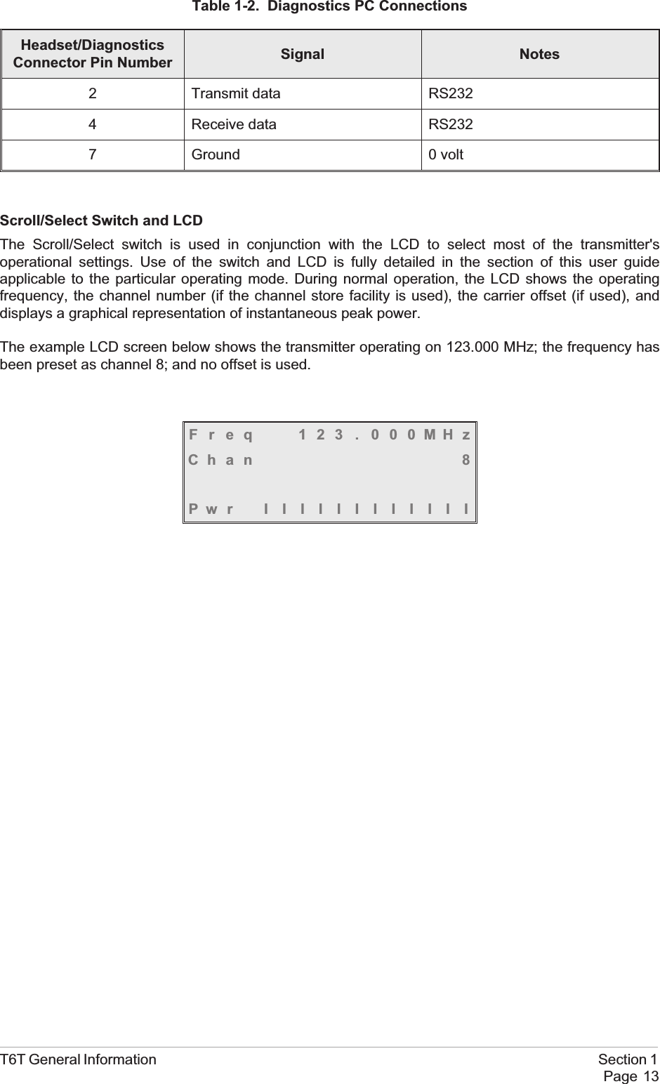 Table 1-2. Diagnostics PC ConnectionsHeadset/DiagnosticsConnector Pin Number Signal Notes2 Transmit data RS2324 Receive data RS2327 Ground 0 voltScroll/Select Switch and LCDThe Scroll/Select switch is used in conjunction with the LCD to select most of the transmitter&apos;soperational settings. Use of the switch and LCD is fully detailed in the section of this user guideapplicable to the particular operating mode. During normal operation, the LCD shows the operatingfrequency, the channel number (if the channel store facility is used), the carrier offset (if used), anddisplays a graphical representation of instantaneous peak power.The example LCD screen below shows the transmitter operating on 123.000 MHz; the frequency hasbeen preset as channel 8; and no offset is used.Freq 123 . 000MHzChan 8Pwr IIIIIIIIIIIIT6T General Information Section 1Page 13