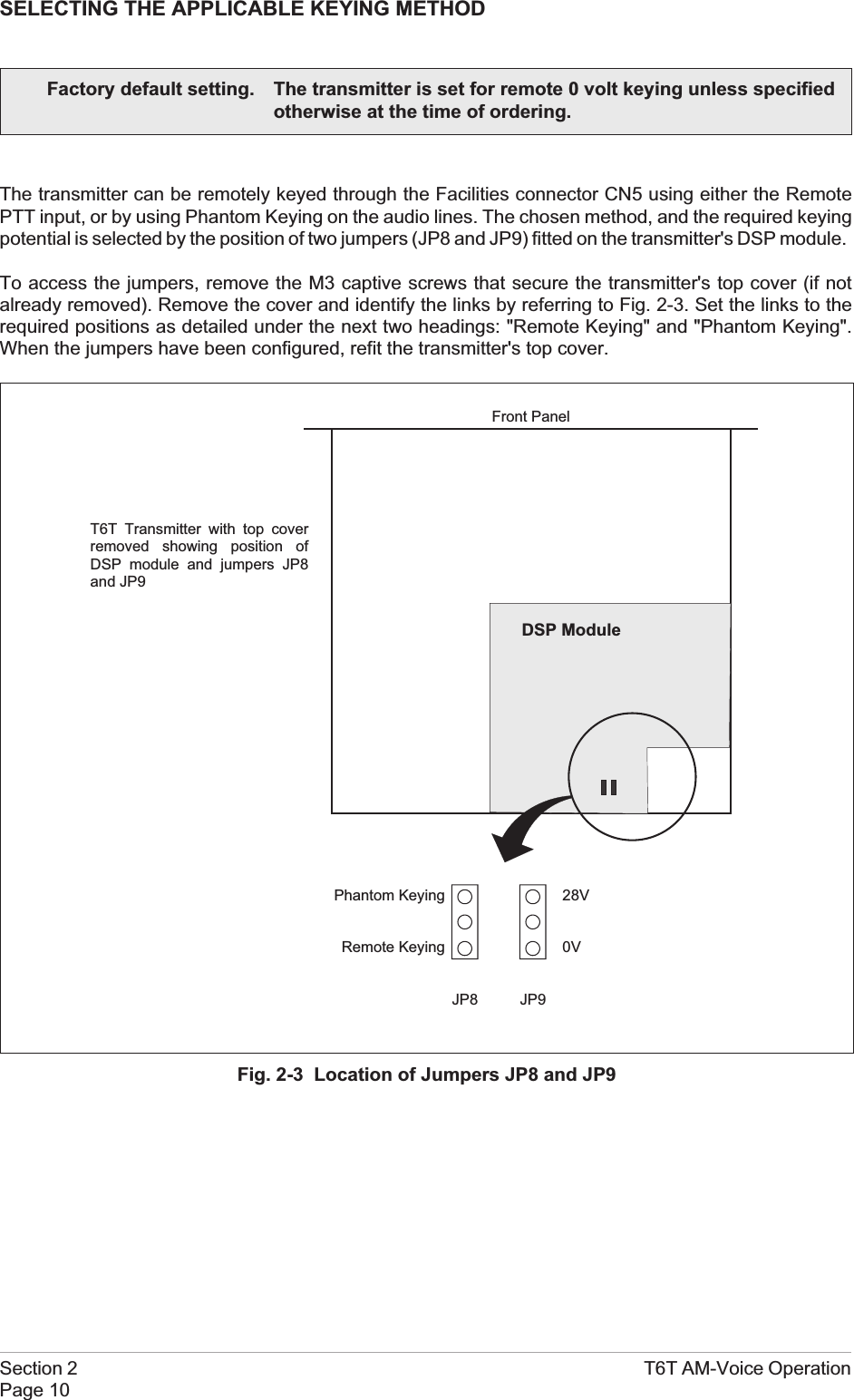 SELECTING THE APPLICABLE KEYING METHODThe transmitter can be remotely keyed through the Facilities connector CN5 using either the RemotePTT input, or by using Phantom Keying on the audio lines. The chosen method, and the required keyingpotential is selected by the position of two jumpers (JP8 and JP9) fitted on the transmitter&apos;s DSP module.To access the jumpers, remove the M3 captive screws that secure the transmitter&apos;s top cover (if notalready removed). Remove the cover and identify the links by referring to Fig. 2-3. Set the links to therequired positions as detailed under the next two headings: &quot;Remote Keying&quot; and &quot;Phantom Keying&quot;.When the jumpers have been configured, refit the transmitter&apos;s top cover.Section 2 T6T AM-Voice OperationPage 10Fig. 2-3 Location of Jumpers JP8 and JP9T6T Transmitter with top coverremoved showing position ofDSP module and jumpers JP8and JP9Front PanelDSP ModulePhantom KeyingRemote Keying28V0VJP8 JP9Factory default setting. The transmitter is set for remote 0 volt keying unless specifiedotherwise at the time of ordering.