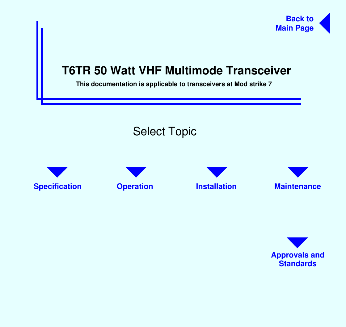 T6TR 50 Watt VHF Multimode TransceiverSelect TopicBack toMain PageMaintenanceInstallationOperationSpecificationThis documentation is applicable to transceivers at Mod strike 7Approvals andStandards