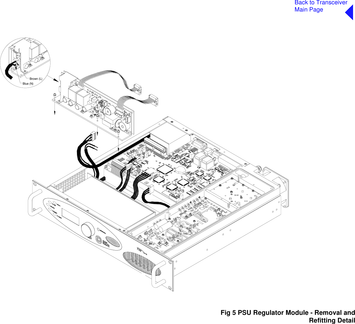 Back to TransceiverMain Page5Fig 5Fig 5 PSU Regulator Module - Removal and Refitting DetailBlue (N)Brown (L)