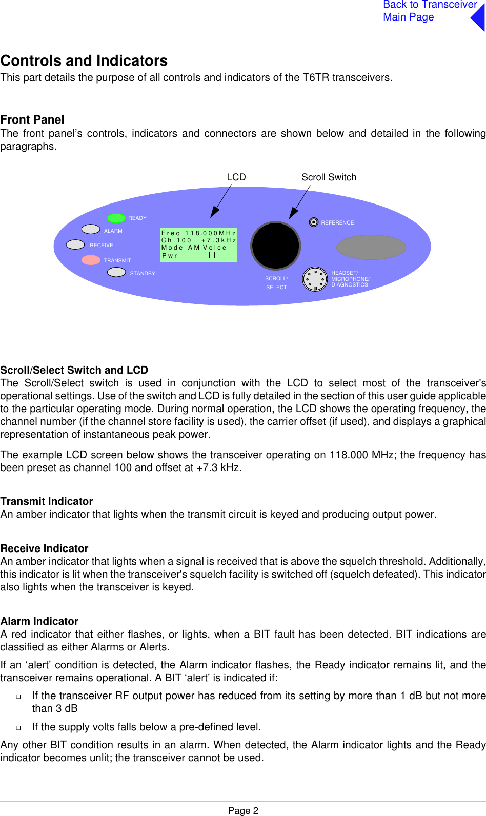 Page 2Back to TransceiverMain PageControls and Indicators This part details the purpose of all controls and indicators of the T6TR transceivers.Front PanelThe front panel’s controls, indicators and connectors are shown below and detailed in the followingparagraphs.Scroll/Select Switch and LCDThe Scroll/Select switch is used in conjunction with the LCD to select most of the transceiver&apos;soperational settings. Use of the switch and LCD is fully detailed in the section of this user guide applicableto the particular operating mode. During normal operation, the LCD shows the operating frequency, thechannel number (if the channel store facility is used), the carrier offset (if used), and displays a graphicalrepresentation of instantaneous peak power.The example LCD screen below shows the transceiver operating on 118.000 MHz; the frequency hasbeen preset as channel 100 and offset at +7.3 kHz.Transmit IndicatorAn amber indicator that lights when the transmit circuit is keyed and producing output power.Receive IndicatorAn amber indicator that lights when a signal is received that is above the squelch threshold. Additionally,this indicator is lit when the transceiver&apos;s squelch facility is switched off (squelch defeated). This indicatoralso lights when the transceiver is keyed.Alarm IndicatorA red indicator that either flashes, or lights, when a BIT fault has been detected. BIT indications areclassified as either Alarms or Alerts.If an ‘alert’ condition is detected, the Alarm indicator flashes, the Ready indicator remains lit, and thetransceiver remains operational. A BIT ‘alert’ is indicated if:❑If the transceiver RF output power has reduced from its setting by more than 1 dB but not morethan 3 dB❑If the supply volts falls below a pre-defined level.Any other BIT condition results in an alarm. When detected, the Alarm indicator lights and the Readyindicator becomes unlit; the transceiver cannot be used.READYALARMTRANSMITSTANDBY SCROLL/SELECTREFERENCEF r e q   1 1 8 .0 0 0 M H zC h   1 0 0      + 7 . 3 k H zP w r  Scroll SwitchLCDM o d e   A M  V o i c e                 1RECEIVEHEADSET/MICROPHONE/DIAGNOSTICS