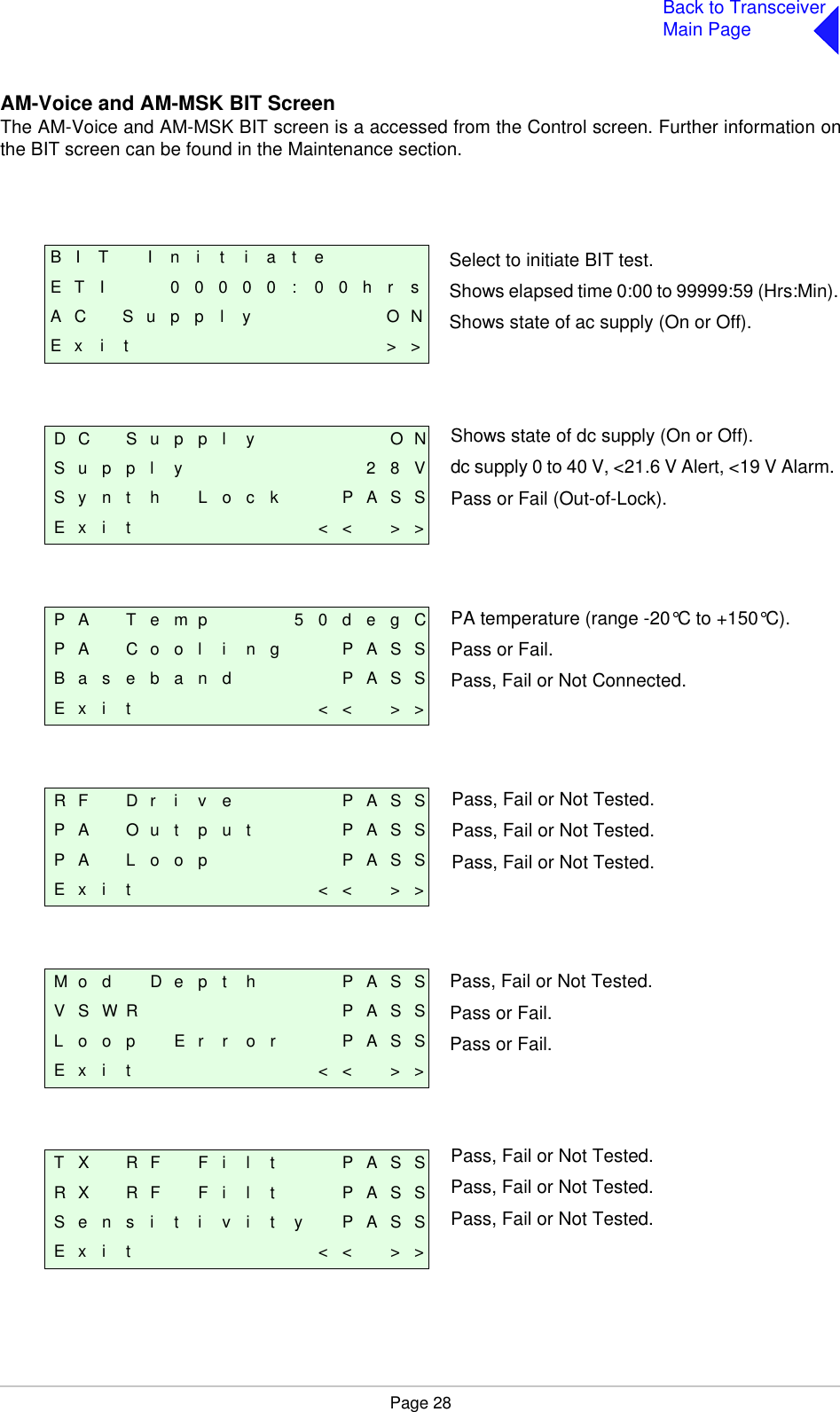 Page 28Back to TransceiverMain PageAM-Voice and AM-MSK BIT ScreenThe AM-Voice and AM-MSK BIT screen is a accessed from the Control screen. Further information onthe BIT screen can be found in the Maintenance section.   B I T I n i t i a t eE T I 0 0 0 0 0 : 0 0 h r sA C S u p p l y O NE x i t &gt; &gt;D C S u p p l y O NS u p p l y 2 8 VS y n t h L o c k P A S SE x i t &lt; &lt; &gt; &gt;P A T e m p 5 0 d e g CP A C o o l i n g P A S SB a s e b a n d P A S SE x i t &lt; &lt; &gt; &gt;R F D r i v e P A S SP A O u t p u t P A S SP A L o o p P A S SE x i t &lt; &lt; &gt; &gt;M o d D e p t h P A S SV S W R P A S SL o o p E r r o r P A S SE x i t &lt; &lt; &gt; &gt;T X R F F i l t P A S SR X R F F i l t P A S SS e n s i t i v i t y P A S SE x i t &lt; &lt; &gt; &gt;Select to initiate BIT test.Shows elapsed time 0:00 to 99999:59 (Hrs:Min).Shows state of ac supply (On or Off).PA temperature (range -20°C to +150°C).Pass or Fail.Pass, Fail or Not Connected.  Pass, Fail or Not Tested. Pass, Fail or Not Tested. Pass, Fail or Not Tested.Shows state of dc supply (On or Off).dc supply 0 to 40 V, &lt;21.6 V Alert, &lt;19 V Alarm.Pass or Fail (Out-of-Lock).Pass, Fail or Not Tested.Pass or Fail.Pass or Fail.Pass, Fail or Not Tested.Pass, Fail or Not Tested.Pass, Fail or Not Tested.