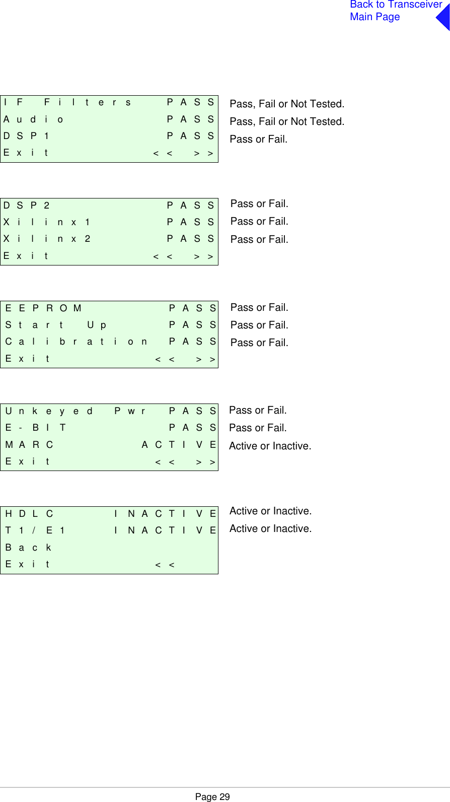 Page 29Back to TransceiverMain PageI F F i l t e r s P A S SA u d i o P A S SD S P 1 P A S SE x i t &lt; &lt; &gt; &gt;D S P 2 P A S SX i l i n x 1 P A S SX i l i n x 2 P A S SE x i t &lt; &lt; &gt; &gt;E E P R O M P A S SS t a r t U p P A S SC a l i b r a t i o n P A S SE x i t &lt; &lt; &gt; &gt;U n k e y e d P w r P A S SE - B I T P A S SM A R C A C T I V EE x i t &lt; &lt; &gt; &gt;H D L C I N A C T I V ET 1 / E 1 I N A C T I V EB a c kE x i t &lt; &lt;Pass, Fail or Not Tested.Pass, Fail or Not Tested.Pass or Fail.Pass or Fail.Pass or Fail.Pass or Fail.Pass or Fail.Pass or Fail.Pass or Fail.Pass or Fail.Pass or Fail.Active or Inactive.Active or Inactive.Active or Inactive.