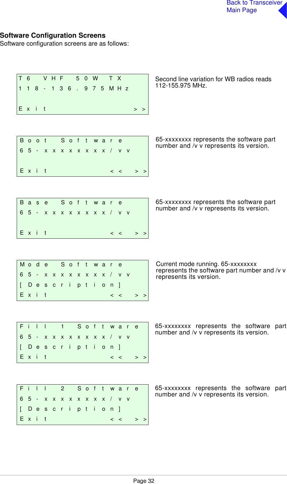 Page 32Back to TransceiverMain PageSoftware Configuration ScreensSoftware configuration screens are as follows:T 6 V H F 5 0 W T X1 1 8 - 1 3 6 . 9 7 5 M H zE x i t &gt; &gt;B o o t S o f t w a r e6 5 - x x x x x x x x / v vE x i t &lt; &lt; &gt; &gt;B a s e S o f t w a r e6 5 - x x x x x x x x / v vE x i t &lt; &lt; &gt; &gt;M o d e S o f t w a r e6 5 - x x x x x x x x / v v[ D e s c r i p t i o n ]E x i t &lt; &lt; &gt; &gt;F i l l 1 S o f t w a r e6 5 - x x x x x x x x / v v[ D e s c r i p t i o n ]E x i t &lt; &lt; &gt; &gt;F i l l 2 S o f t w a r e6 5 - x x x x x x x x / v v[ D e s c r i p t i o n ]E x i t &lt; &lt; &gt; &gt;Second line variation for WB radios reads 112-155.975 MHz.65-xxxxxxxx represents the software part number and /v v represents its version.65-xxxxxxxx represents the software part number and /v v represents its version.Current mode running. 65-xxxxxxxx represents the software part number and /v v represents its version.65-xxxxxxxx represents the software partnumber and /v v represents its version.65-xxxxxxxx represents the software partnumber and /v v represents its version.