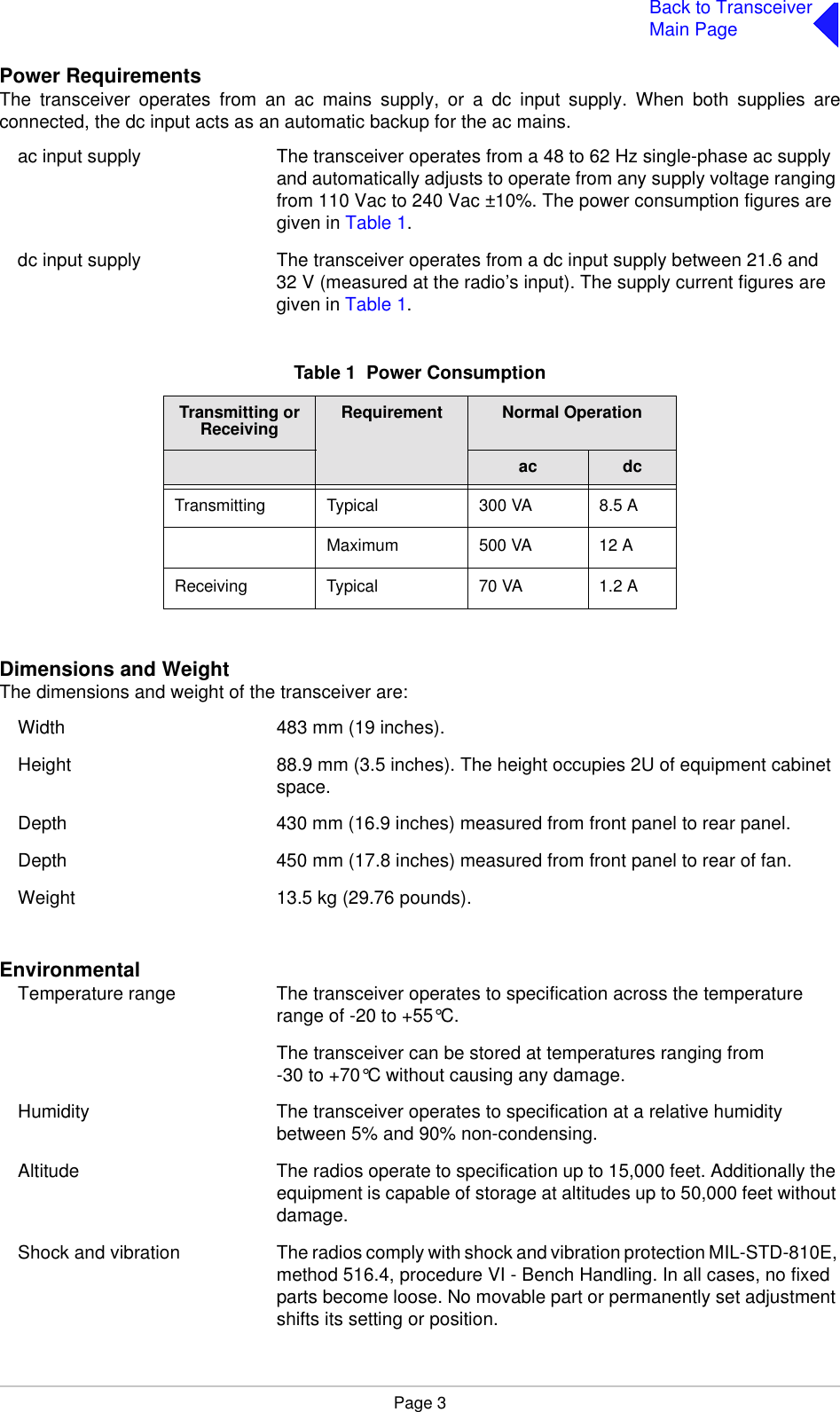 Page 3Back to TransceiverMain PagePower RequirementsThe transceiver operates from an ac mains supply, or a dc input supply. When both supplies areconnected, the dc input acts as an automatic backup for the ac mains.ac input supply The transceiver operates from a 48 to 62 Hz single-phase ac supply and automatically adjusts to operate from any supply voltage ranging from 110 Vac to 240 Vac ±10%. The power consumption figures are given in Table 1.dc input supply The transceiver operates from a dc input supply between 21.6 and 32 V (measured at the radio’s input). The supply current figures are given in Table 1.Dimensions and WeightThe dimensions and weight of the transceiver are:Width 483 mm (19 inches).Height 88.9 mm (3.5 inches). The height occupies 2U of equipment cabinet space.Depth   430 mm (16.9 inches) measured from front panel to rear panel.Depth   450 mm (17.8 inches) measured from front panel to rear of fan.Weight 13.5 kg (29.76 pounds).EnvironmentalTemperature range The transceiver operates to specification across the temperature range of -20 to +55°C.The transceiver can be stored at temperatures ranging from-30 to +70°C without causing any damage.Humidity The transceiver operates to specification at a relative humidity between 5% and 90% non-condensing.Altitude The radios operate to specification up to 15,000 feet. Additionally the equipment is capable of storage at altitudes up to 50,000 feet without damage.Shock and vibration The radios comply with shock and vibration protection MIL-STD-810E, method 516.4, procedure VI - Bench Handling. In all cases, no fixed parts become loose. No movable part or permanently set adjustment shifts its setting or position.Table 1  Power ConsumptionTransmitting or Receiving Requirement Normal Operationac dcTransmitting Typical 300 VA 8.5 AMaximum 500 VA 12 AReceiving Typical 70 VA 1.2 A