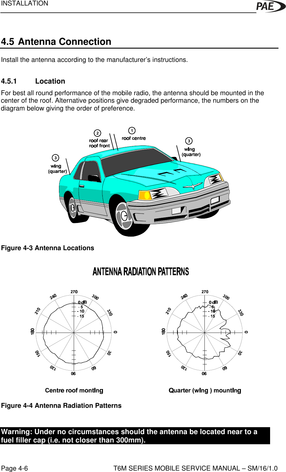 INSTALLATIONT6M SERIES MOBILE SERVICE MANUAL – SM/16/1.0Page 4-64.5 Antenna ConnectionInstall the antenna according to the manufacturer’s instructions.4.5.1 LocationFor best all round performance of the mobile radio, the antenna should be mounted in thecenter of the roof. Alternative positions give degraded performance, the numbers on thediagram below giving the order of preference.Figure 4-3 Antenna LocationsFigure 4-4 Antenna Radiation PatternsWarning: Under no circumstances should the antenna be located near to afuel filler cap (i.e. not closer than 300mm).