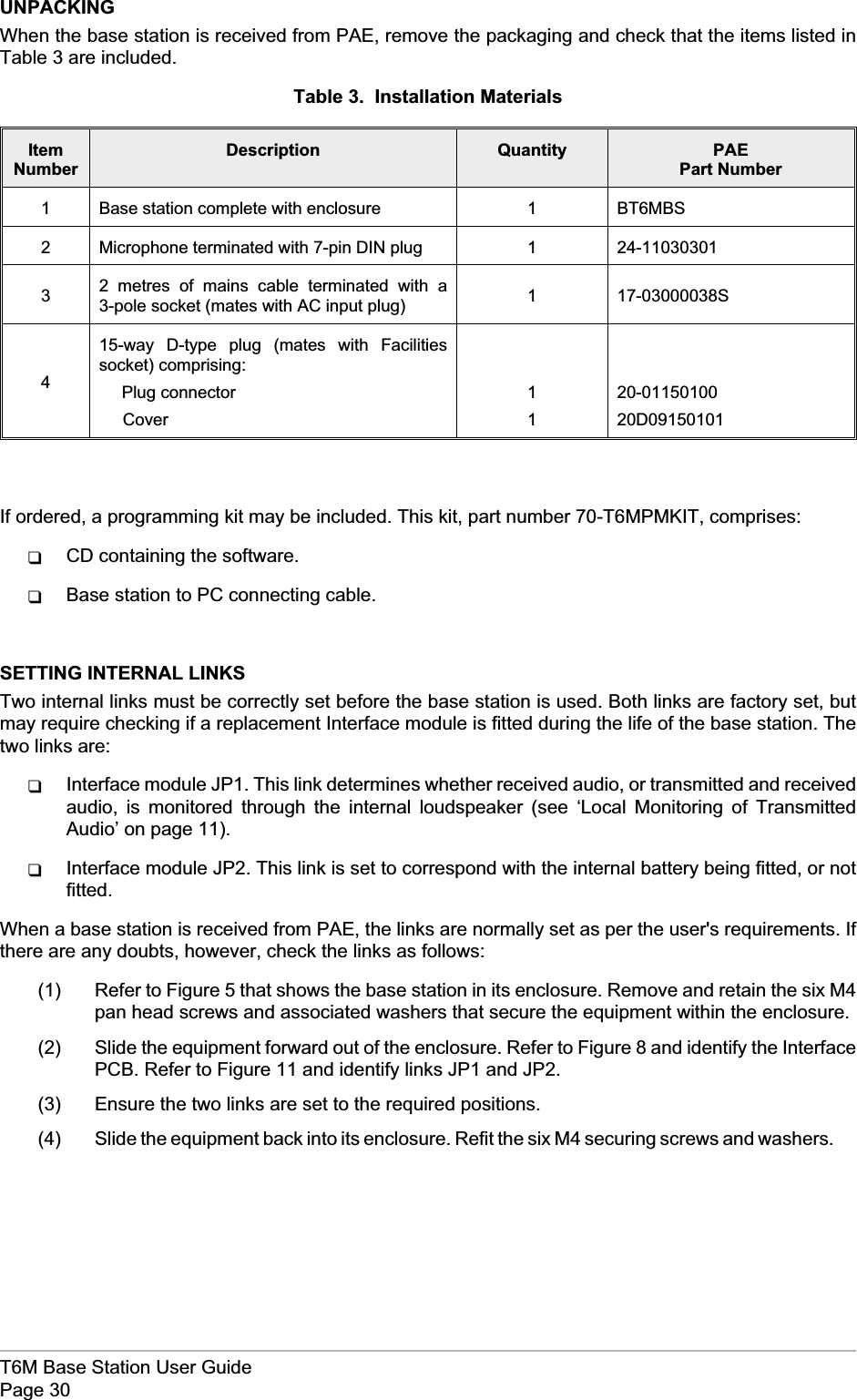 UNPACKINGWhen the base station is received from PAE, remove the packaging and check that the items listed inTable 3 are included.Table 3. Installation MaterialsItemNumberDescription Quantity PAEPart Number1 Base station complete with enclosure 1 BT6MBS2 Microphone terminated with 7-pin DIN plug 1 24-1103030132 metres of mains cable terminated with a3-pole socket (mates with AC input plug) 1 17-03000038S415-way D-type plug (mates with Facilitiessocket) comprising:Plug connectorCover1120-0115010020D09150101If ordered, a programming kit may be included. This kit, part number 70-T6MPMKIT, comprises:qCD containing the software.qBase station to PC connecting cable.SETTING INTERNAL LINKSTwo internal links must be correctly set before the base station is used. Both links are factory set, butmay require checking if a replacement Interface module is fitted during the life of the base station. Thetwo links are:qInterface module JP1. This link determines whether received audio, or transmitted and receivedaudio, is monitored through the internal loudspeaker (see ‘Local Monitoring of TransmittedAudio’ on page 11).qInterface module JP2. This link is set to correspond with the internal battery being fitted, or notfitted.When a base station is received from PAE, the links are normally set as per the user&apos;s requirements. Ifthere are any doubts, however, check the links as follows:(1) Refer to Figure 5 that shows the base station in its enclosure. Remove and retain the six M4pan head screws and associated washers that secure the equipment within the enclosure.(2) Slide the equipment forward out of the enclosure. Refer to Figure 8 and identify the InterfacePCB. Refer to Figure 11 and identify links JP1 and JP2.(3) Ensure the two links are set to the required positions.(4) Slide the equipment back into its enclosure. Refit the six M4 securing screws and washers.T6M Base Station User GuidePage 30