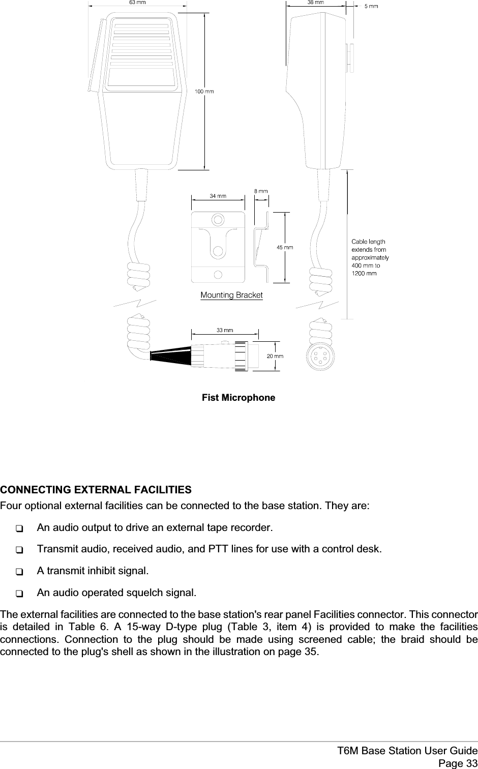 CONNECTING EXTERNAL FACILITIESFour optional external facilities can be connected to the base station. They are:qAn audio output to drive an external tape recorder.qTransmit audio, received audio, and PTT lines for use with a control desk.qA transmit inhibit signal.qAn audio operated squelch signal.The external facilities are connected to the base station&apos;s rear panel Facilities connector. This connectoris detailed in Table 6. A 15-way D-type plug (Table 3, item 4) is provided to make the facilitiesconnections. Connection to the plug should be made using screened cable; the braid should beconnected to the plug&apos;s shell as shown in the illustration on page 35.T6M Base Station User GuidePage 33Fist Microphone