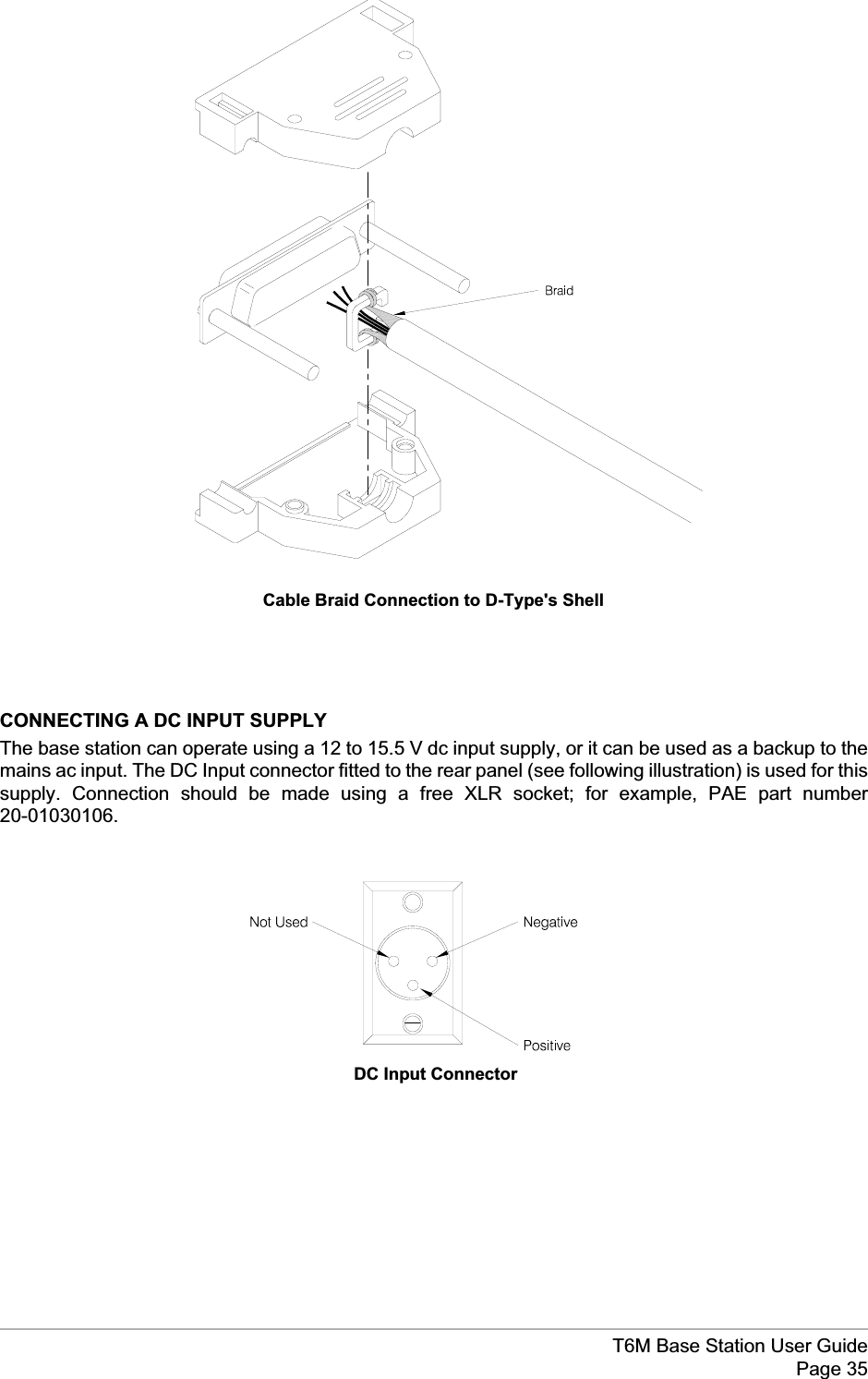 CONNECTING A DC INPUT SUPPLYThe base station can operate using a 12 to 15.5 V dc input supply, or it can be used as a backup to themains ac input. The DC Input connector fitted to the rear panel (see following illustration) is used for thissupply. Connection should be made using a free XLR socket; for example, PAE part number20-01030106.T6M Base Station User GuidePage 35DC Input ConnectorCable Braid Connection to D-Type&apos;s Shell