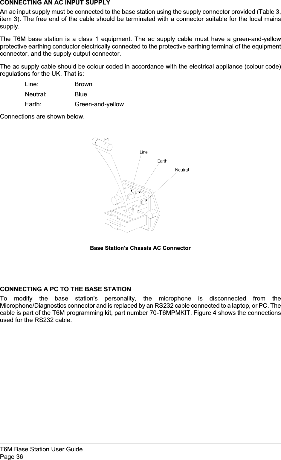 CONNECTING AN AC INPUT SUPPLYAn ac input supply must be connected to the base station using the supply connector provided (Table 3,item 3). The free end of the cable should be terminated with a connector suitable for the local mainssupply.The T6M base station is a class 1 equipment. The ac supply cable must have a green-and-yellowprotective earthing conductor electrically connected to the protective earthing terminal of the equipmentconnector, and the supply output connector.The ac supply cable should be colour coded in accordance with the electrical appliance (colour code)regulations for the UK. That is:Line: BrownNeutral: BlueEarth: Green-and-yellowConnections are shown below.CONNECTING A PC TO THE BASE STATIONTo modify the base station&apos;s personality, the microphone is disconnected from theMicrophone/Diagnostics connector and is replaced by an RS232 cable connected to a laptop, or PC. Thecable is part of the T6M programming kit, part number 70-T6MPMKIT. Figure 4 shows the connectionsused for the RS232 cable.T6M Base Station User GuidePage 36Base Station&apos;s Chassis AC Connector