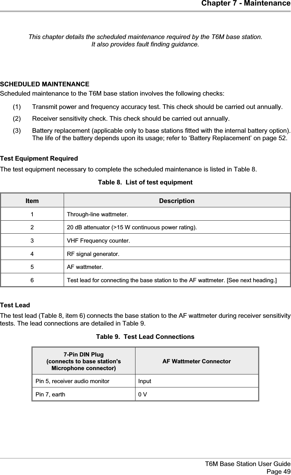 Chapter 7 - MaintenanceThis chapter details the scheduled maintenance required by the T6M base station.It also provides fault finding guidance.SCHEDULED MAINTENANCEScheduled maintenance to the T6M base station involves the following checks:(1) Transmit power and frequency accuracy test. This check should be carried out annually.(2) Receiver sensitivity check. This check should be carried out annually.(3) Battery replacement (applicable only to base stations fitted with the internal battery option).The life of the battery depends upon its usage; refer to ‘Battery Replacement’ on page 52.Test Equipment RequiredThe test equipment necessary to complete the scheduled maintenance is listed in Table 8.Table 8. List of test equipmentItem Description1 Through-line wattmeter.2 20 dB attenuator (&gt;15 W continuous power rating).3 VHF Frequency counter.4 RF signal generator.5 AF wattmeter.6 Test lead for connecting the base station to the AF wattmeter. [See next heading.]Test LeadThe test lead (Table 8, item 6) connects the base station to the AF wattmeter during receiver sensitivitytests. The lead connections are detailed in Table 9.Table 9. Test Lead Connections7-Pin DIN Plug(connects to base station&apos;sMicrophone connector)AF Wattmeter ConnectorPin 5, receiver audio monitor InputPin 7, earth 0 VT6M Base Station User GuidePage 49