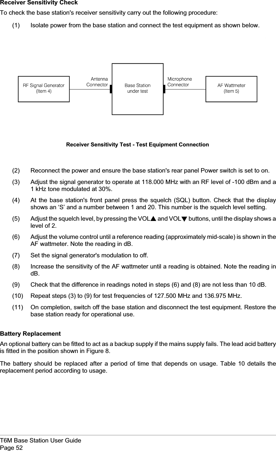 Receiver Sensitivity CheckTo check the base station&apos;s receiver sensitivity carry out the following procedure:(1) Isolate power from the base station and connect the test equipment as shown below.(2) Reconnect the power and ensure the base station&apos;s rear panel Power switch is set to on.(3) Adjust the signal generator to operate at 118.000 MHz with an RF level of -100 dBm and a1 kHz tone modulated at 30%.(4) At the base station&apos;s front panel press the squelch (SQL) button. Check that the displayshows an ‘S’ and a number between 1 and 20. This number is the squelch level setting.(5) Adjust the squelch level, by pressing the VOLsand VOLtbuttons, until the display shows alevel of 2.(6) Adjust the volume control until a reference reading (approximately mid-scale) is shown in theAF wattmeter. Note the reading in dB.(7) Set the signal generator&apos;s modulation to off.(8) Increase the sensitivity of the AF wattmeter until a reading is obtained. Note the reading indB.(9) Check that the difference in readings noted in steps (6) and (8) are not less than 10 dB.(10) Repeat steps (3) to (9) for test frequencies of 127.500 MHz and 136.975 MHz.(11) On completion, switch off the base station and disconnect the test equipment. Restore thebase station ready for operational use.Battery ReplacementAn optional battery can be fitted to act as a backup supply if the mains supply fails. The lead acid batteryis fitted in the position shown in Figure 8.The battery should be replaced after a period of time that depends on usage. Table 10 details thereplacement period according to usage.T6M Base Station User GuidePage 52Receiver Sensitivity Test - Test Equipment Connection