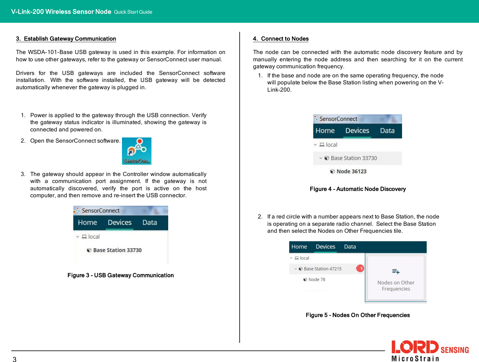 3. Establish Gateway CommunicationThe WSDA-101-Base USB gateway is used in this example. For information onhow to use other gateways, refer to the gateway or SensorConnect user manual.Drivers for the USB gateways are included the SensorConnect softwareinstallation. With the software installed, the USB gateway will be detectedautomatically whenever the gateway is plugged in.1. Power is applied to the gateway through the USB connection. Verifythe gateway status indicator is illuminated, showing the gateway isconnected and powered on.2. Open the SensorConnect software.3. The gateway should appear in the Controller window automaticallywith a communication port assignment. If the gateway is notautomatically discovered, verify the port is active on the hostcomputer, and then remove and re-insert the USB connector.Figure 3 - USB Gateway Communication4. Connect to NodesThe node can be connected with the automatic node discovery feature and bymanually entering the node address and then searching for it on the currentgateway communication frequency.1. If the base and node are on the same operating frequency, the nodewill populate below the Base Station listing when powering on the V-Link-200.Figure 4 - Automatic Node Discovery2. If a red circle with a number appears next to Base Station, the nodeis operating on a separate radio channel. Select the Base Stationand then select the Nodes on Other Frequencies tile.Figure 5 - Nodes On Other Frequencies3V-Link-200 Wireless Sensor Node Quick Start Guide