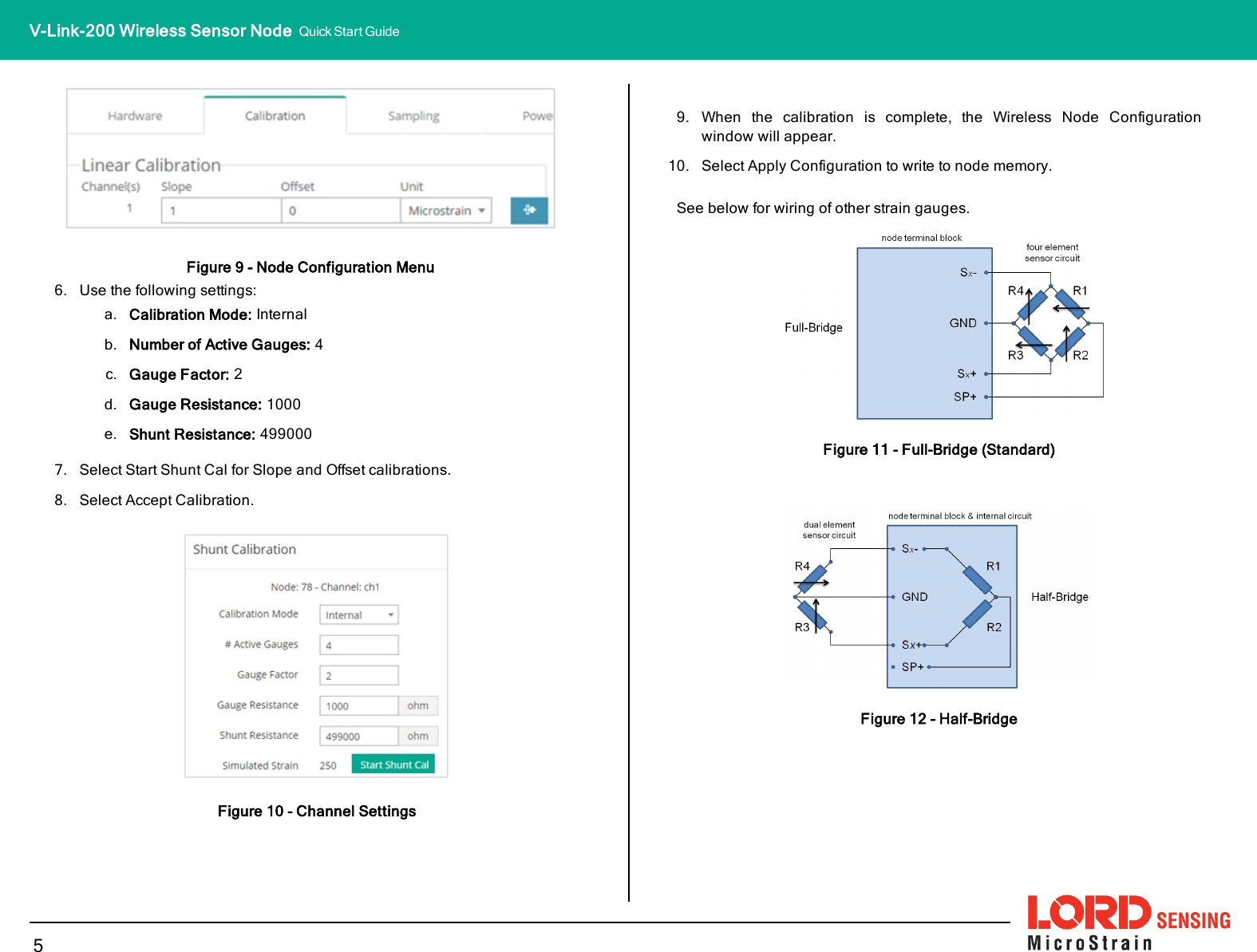 Figure 9 - Node Configuration Menu6. Use the following settings:a. Calibration Mode: Internalb. Number of Active Gauges: 4c. Gauge Factor: 2d. Gauge Resistance: 1000e. Shunt Resistance: 4990007. Select Start Shunt Cal for Slope and Offset calibrations.8. Select Accept Calibration.Figure 10 - Channel Settings9. When the calibration is complete, the Wireless Node Configurationwindow will appear.10. Select Apply Configuration to write to node memory.See below for wiring of other strain gauges.Figure 11 - Full-Bridge (Standard)Figure 12 - Half-Bridge5V-Link-200 Wireless Sensor Node Quick Start Guide