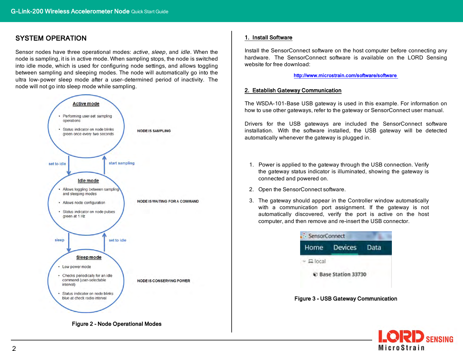 SYSTEM OPERATIONSensor nodes have three operational modes:active,sleep, andidle. When thenode is sampling, it is in active mode. When sampling stops, the node is switchedinto idle mode, which is used for configuring node settings, and allows togglingbetween sampling and sleeping modes. The node will automatically go into theultra low-power sleep mode after a user-determined period of inactivity. Thenode will not go into sleep mode while sampling.Figure 2 - Node Operational Modes1. Install SoftwareInstall the SensorConnect software on the host computer before connecting anyhardware. The SensorConnect software is available on the LORD Sensingwebsite for free download:http://www.microstrain.com/software/software2. Establish Gateway CommunicationThe WSDA-101-Base USB gateway is used in this example. For information onhow to use other gateways, refer to the gateway or SensorConnect user manual.Drivers for the USB gateways are included the SensorConnect softwareinstallation. With the software installed, the USB gateway will be detectedautomatically whenever the gateway is plugged in.1. Power is applied to the gateway through the USB connection. Verifythe gateway status indicator is illuminated, showing the gateway isconnected and powered on.2. Open the SensorConnect software.3. The gateway should appear in the Controller window automaticallywith a communication port assignment. If the gateway is notautomatically discovered, verify the port is active on the hostcomputer, and then remove and re-insert the USB connector.Figure 3 - USB Gateway Communication2G-Link-200 Wireless Accelerometer Node Quick Start Guide