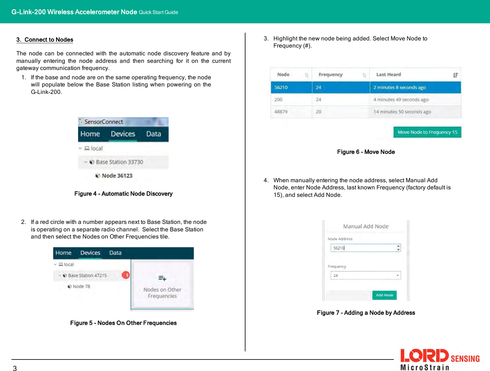 3. Connect to NodesThe node can be connected with the automatic node discovery feature and bymanually entering the node address and then searching for it on the currentgateway communication frequency.1. If the base and node are on the same operating frequency, the nodewill populate below the Base Station listing when powering on theG-Link-200.Figure 4 - Automatic Node Discovery2. If a red circle with a number appears next to Base Station, the nodeis operating on a separate radio channel. Select the Base Stationand then select the Nodes on Other Frequencies tile.Figure 5 - Nodes On Other Frequencies3. Highlight the new node being added. Select Move Node toFrequency (#).Figure 6 - Move Node4. When manually entering the node address, select Manual AddNode, enter Node Address, last known Frequency (factory default is15), and select Add Node.Figure 7 - Adding a Node by Address3G-Link-200 Wireless Accelerometer Node Quick Start Guide