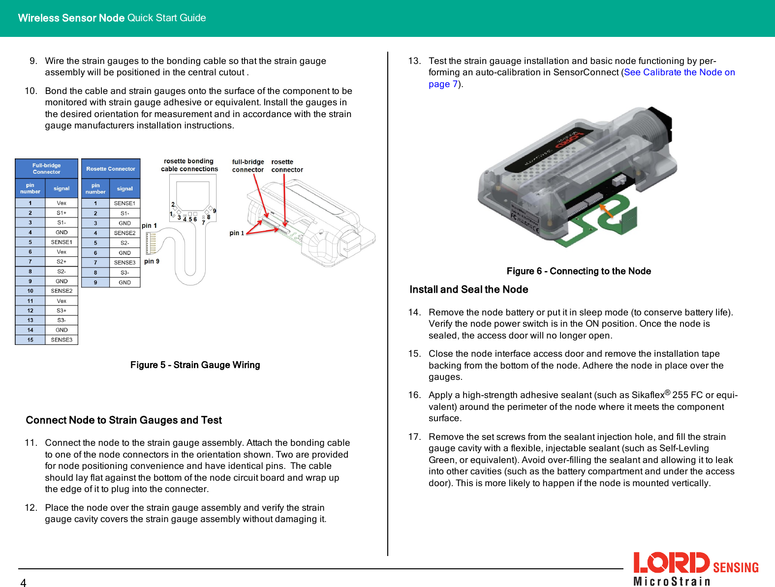 9. Wire the strain gauges to the bonding cable so that the strain gaugeassembly will be positioned in the central cutout .10. Bond the cable and strain gauges onto the surface of the component to bemonitored with strain gauge adhesive or equivalent. Install the gauges inthe desired orientation for measurement and in accordance with the straingauge manufacturers installation instructions.Figure 5 - Strain Gauge WiringConnect Node to Strain Gauges and Test11. Connect the node to the strain gauge assembly. Attach the bonding cableto one of the node connectors in the orientation shown. Two are providedfor node positioning convenience and have identical pins. The cableshould lay flat against the bottom of the node circuit board and wrap upthe edge of it to plug into the connecter.12. Place the node over the strain gauge assembly and verify the straingauge cavity covers the strain gauge assembly without damaging it.13. Test the strain gauage installation and basic node functioning by per-forming an auto-calibration in SensorConnect (See Calibrate the Node onpage 7).Figure 6 - Connecting to the NodeInstall and Seal the Node14. Remove the node battery or put it in sleep mode (to conserve battery life).Verify the node power switch is in the ON position. Once the node issealed, the access door will no longer open.15. Close the node interface access door and remove the installation tapebacking from the bottom of the node. Adhere the node in place over thegauges.16. Apply a high-strength adhesive sealant (such as Sikaflex®255 FC or equi-valent) around the perimeter of the node where it meets the componentsurface.17. Remove the set screws from the sealant injection hole, and fill the straingauge cavity with a flexible, injectable sealant (such as Self-LevlingGreen, or equivalent). Avoid over-filling the sealant and allowing it to leakinto other cavities (such as the battery compartment and under the accessdoor). This is more likely to happen if the node is mounted vertically.4Wireless Sensor Node Quick Start Guide