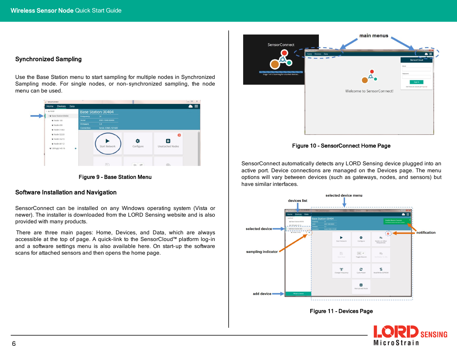 Synchronized SamplingUse the Base Station menu to start sampling for multiple nodes in SynchronizedSampling mode. For single nodes, or non- synchronized sampling, the nodemenu can be used.Figure 9 - Base Station MenuSoftware Installation and NavigationSensorConnect can be installed on any Windows operating system (Vista ornewer). The installer is downloaded from the LORD Sensing website and is alsoprovided with many products.There are three main pages: Home, Devices, and Data, which are alwaysaccessible at the top of page. A quick-link to the SensorCloud™ platform log-inand a software settings menu is also available here. On start-up the softwarescans for attached sensors and then opens the home page.Figure 10 - SensorConnect Home PageSensorConnect automatically detects any LORD Sensing device plugged into anactive port. Device connections are managed on the Devices page. The menuoptions will vary between devices (such as gateways, nodes, and sensors) buthave similar interfaces.Figure 11 - Devices Page6Wireless Sensor Node Quick Start Guide