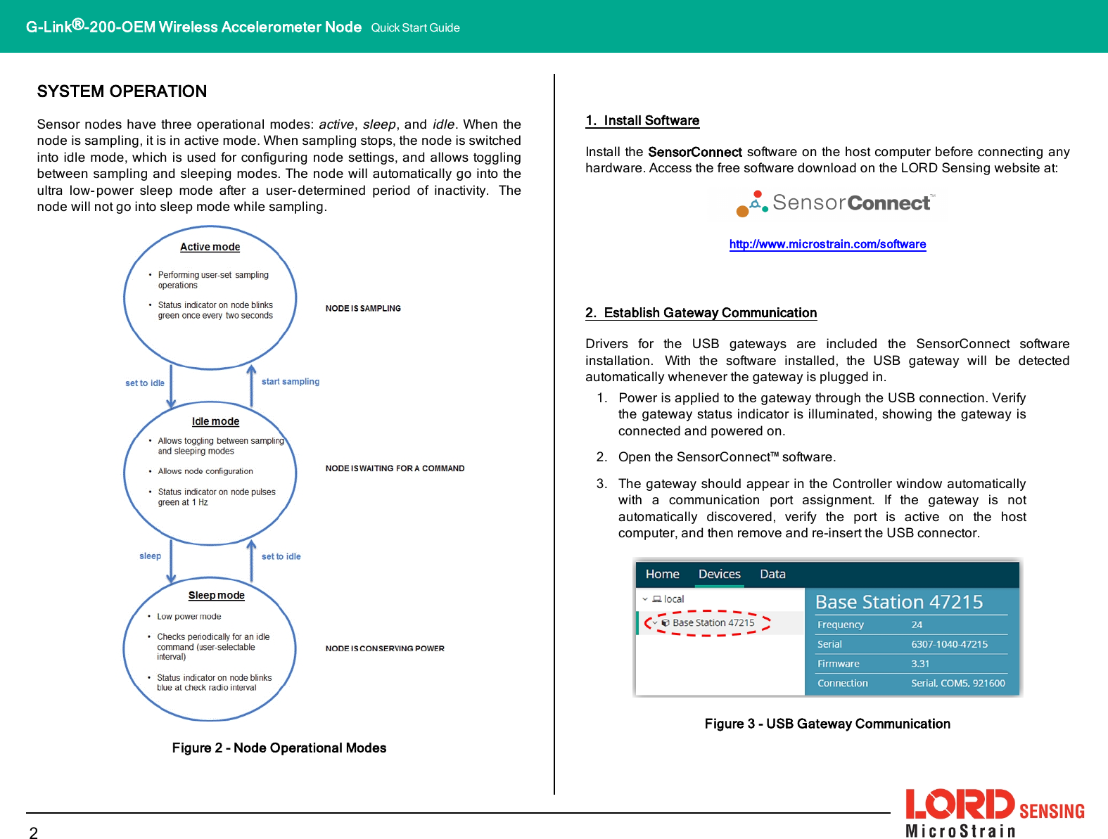 SYSTEM OPERATIONSensor nodes have three operational modes:active,sleep, andidle. When thenode is sampling, it is in active mode. When sampling stops, the node is switchedinto idle mode, which is used for configuring node settings, and allows togglingbetween sampling and sleeping modes. The node will automatically go into theultra low-power sleep mode after a user-determined period of inactivity. Thenode will not go into sleep mode while sampling.Figure 2 - Node Operational Modes1. Install SoftwareInstall the SensorConnect software on the host computer before connecting anyhardware. Access the free software download on the LORD Sensing website at:http://www.microstrain.com/software2. Establish Gateway CommunicationDrivers for the USB gateways are included the SensorConnect softwareinstallation. With the software installed, the USB gateway will be detectedautomatically whenever the gateway is plugged in.1. Power is applied to the gateway through the USB connection. Verifythe gateway status indicator is illuminated, showing the gateway isconnected and powered on.2. Open the SensorConnect™ software.3. The gateway should appear in the Controller window automaticallywith a communication port assignment. If the gateway is notautomatically discovered, verify the port is active on the hostcomputer, and then remove and re-insert the USB connector.Figure 3 - USB Gateway Communication2G-Link®-200-OEM Wireless Accelerometer Node Quick Start Guide