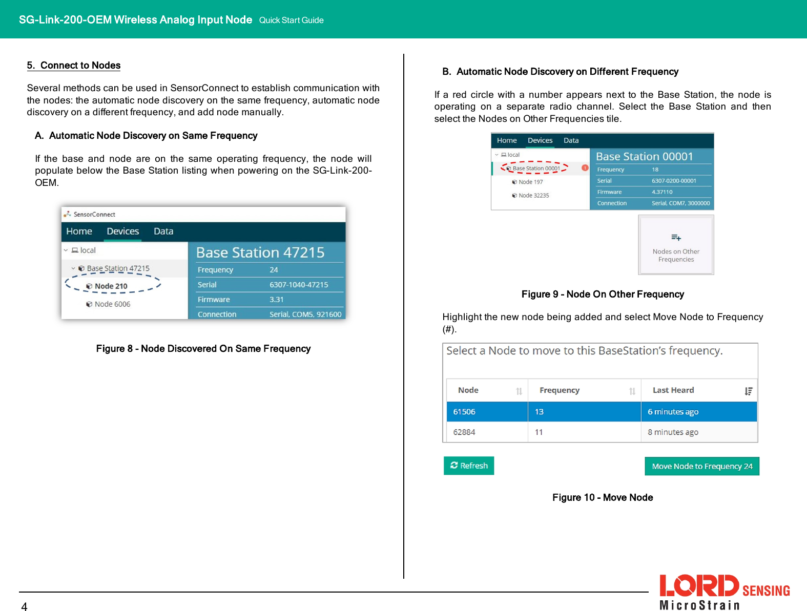 5. Connect to NodesSeveral methods can be used in SensorConnect to establish communication withthe nodes: the automatic node discovery on the same frequency, automatic nodediscovery on a different frequency, and add node manually.A. Automatic Node Discovery on Same FrequencyIf the base and node are on the same operating frequency, the node willpopulate below the Base Station listing when powering on the SG-Link-200-OEM.Figure 8 - Node Discovered On Same FrequencyB. Automatic Node Discovery on Different FrequencyIf a red circle with a number appears next to the Base Station, the node isoperating on a separate radio channel. Select the Base Station and thenselect the Nodes on Other Frequencies tile.Figure 9 - Node On Other FrequencyHighlight the new node being added and select Move Node to Frequency(#).Figure 10 - Move Node4SG-Link-200-OEM Wireless Analog Input Node Quick Start Guide