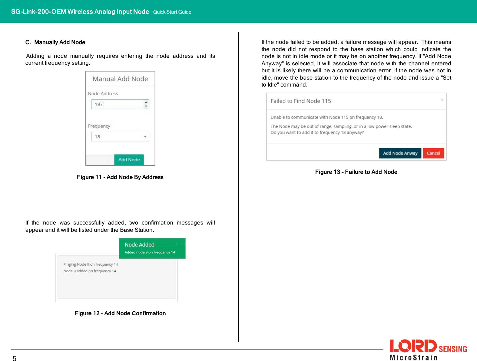 C. Manually Add NodeAdding a node manually requires entering the node address and itscurrent frequency setting.Figure 11 - Add Node By AddressIf the node was successfully added, two confirmation messages willappear and it will be listed under the Base Station.Figure 12 - Add Node ConfirmationIf the node failed to be added, a failure message will appear. This meansthe node did not respond to the base station which could indicate thenode is not in idle mode or it may be on another frequency. If &quot;Add NodeAnyway&quot; is selected, it will associate that node with the channel enteredbut it is likely there will be a communication error. If the node was not inidle, move the base station to the frequency of the node and issue a &quot;Setto Idle&quot; command.Figure 13 - Failure to Add Node5SG-Link-200-OEM Wireless Analog Input Node Quick Start Guide