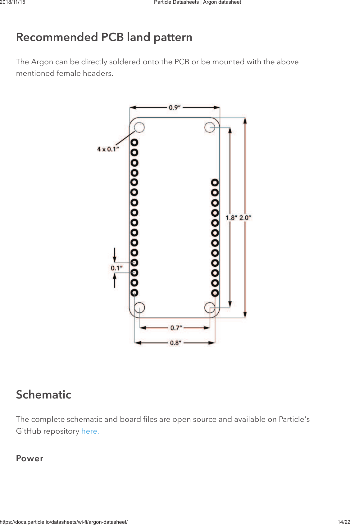 2018/11/15 Particle Datasheets | Argon datasheethttps://docs.particle.io/datasheets/wi-fi/argon-datasheet/ 14/22The Argon can be directly soldered onto the PCB or be mounted with the abovementioned female headers.The complete schematic and board files are open source and available on Particle&apos;sGitHub repository here.Recommended PCB land patternSchematicPower