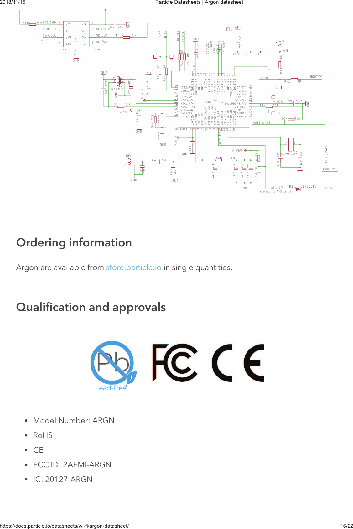 2018/11/15 Particle Datasheets | Argon datasheethttps://docs.particle.io/datasheets/wi-fi/argon-datasheet/ 16/22Argon are available from store.particle.io in single quantities.Model Number: ARGNRoHSCEFCC ID: 2AEMI-ARGNIC: 20127-ARGNOrdering informationQualification and approvals