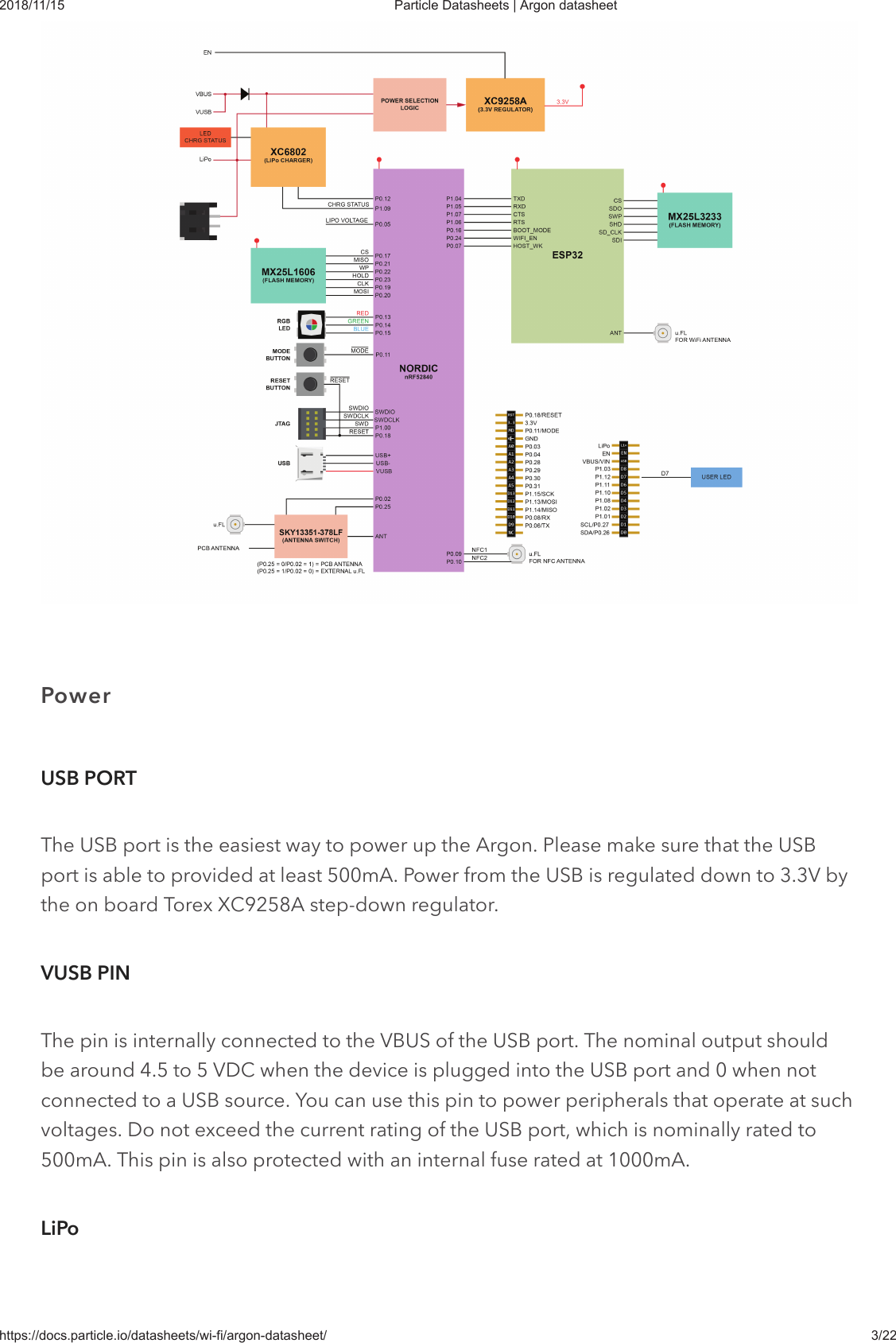 2018/11/15 Particle Datasheets | Argon datasheethttps://docs.particle.io/datasheets/wi-fi/argon-datasheet/ 3/22The USB port is the easiest way to power up the Argon. Please make sure that the USBport is able to provided at least 500mA. Power from the USB is regulated down to 3.3V bythe on board Torex XC9258A step-down regulator.The pin is internally connected to the VBUS of the USB port. The nominal output shouldbe around 4.5 to 5 VDC when the device is plugged into the USB port and 0 when notconnected to a USB source. You can use this pin to power peripherals that operate at suchvoltages. Do not exceed the current rating of the USB port, which is nominally rated to500mA. This pin is also protected with an internal fuse rated at 1000mA.PowerUSB PORTVUSB PINLiPo