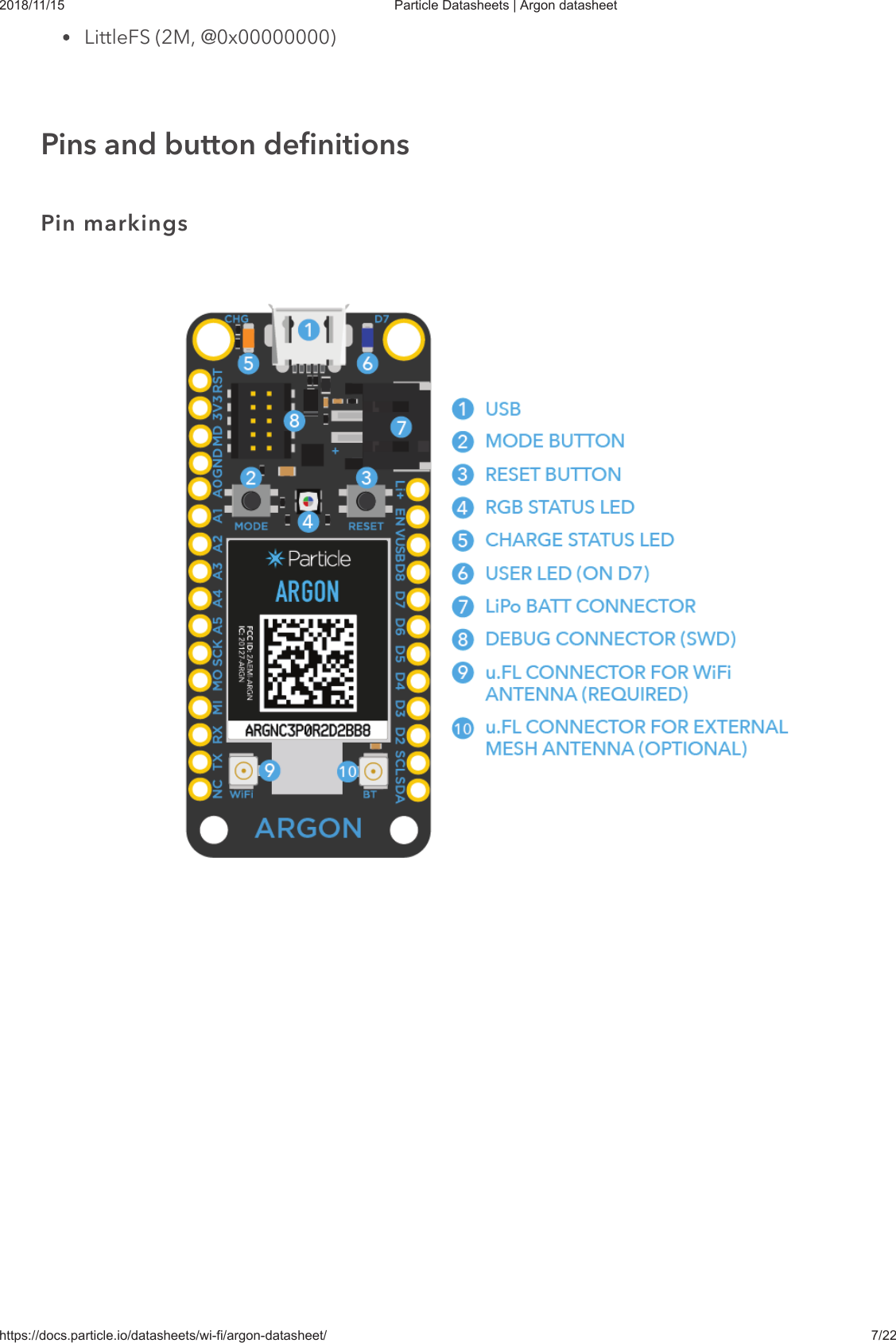 2018/11/15 Particle Datasheets | Argon datasheethttps://docs.particle.io/datasheets/wi-fi/argon-datasheet/ 7/22LittleFS (2M, @0x00000000)Pins and button definitionsPin markings