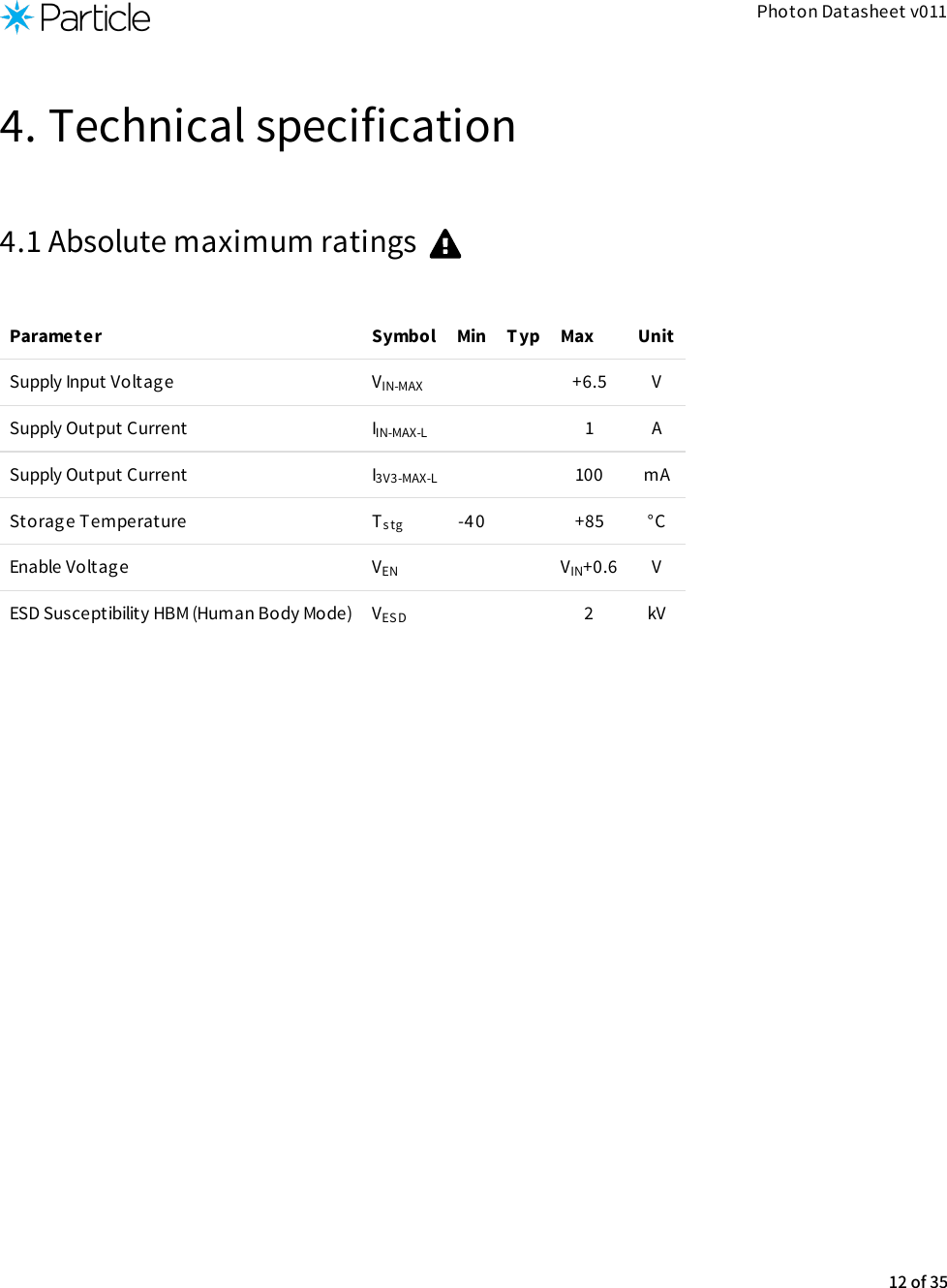 Photon Datasheet v0114. Technical specification4.1 Absolute maximum ratings Parameter Symbol Min Typ Max UnitSupply Input Voltage V +6.5 VSupply Output Current I 1 ASupply Output Current I 100 mAStorage Temperature T -4 0 +85 °CEnable Voltage V V +0.6 VESD Susceptibility HBM (Human Body Mode) V 2 kVIN-MAXIN-MAX-L3V3-MAX-Ls tgEN INES D12 of 35