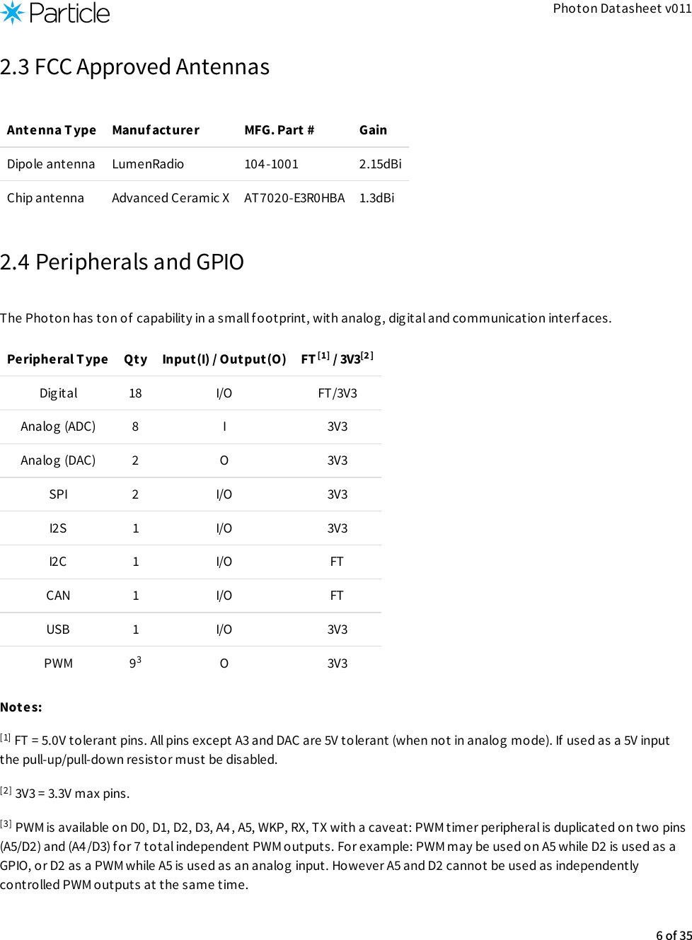 Photon Datasheet v0112.3 FCC Approved AntennasAntenna T ype Manuf acturer MFG. Part # GainDipole antenna LumenRadio 104 -1001 2.15dBiChip antenna Advanced Ceramic X AT7020-E3R0HBA 1.3dBi2.4 Peripherals and GPIOThe Photon has ton of  capability in a small footprint, with analog, digital and communication interf aces.Peripheral Type Qty Input(I) / Output(O) FT  / 3V3Digital 18 I/O FT/3V3Analog (ADC) 8 I 3V3Analog (DAC) 2 O 3V3SPI 2 I/O 3V3I2S 1 I/O 3V3I2C 1 I/O FTCAN 1 I/O FTUSB 1 I/O 3V3PWM 9 O 3V3Notes: FT = 5.0V tolerant pins. All pins except A3 and DAC are 5V tolerant (when not in analog mode). If used as a 5V inputthe pull-up/pull-down resistor must be disabled. 3V3 = 3.3V max pins. PWM is available on D0, D1, D2, D3, A4, A5, WKP, RX, TX with a caveat: PWM timer peripheral is duplicated on two pins(A5/D2) and (A4/D3) for 7 total independent PWM outputs. For example: PWM may be used on A5 while D2 is used as aGPIO, or D2 as a PWM while A5 is used as an analog input. However A5 and D2 cannot be used as independentlycontrolled PWM outputs at the same time.[1] [2]3[1][2][3]6 of 35