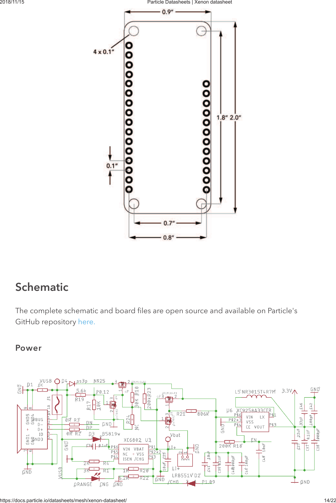 2018/11/15 Particle Datasheets | Xenon datasheethttps://docs.particle.io/datasheets/mesh/xenon-datasheet/ 14/22The complete schematic and board files are open source and available on Particle&apos;sGitHub repository here.SchematicPower