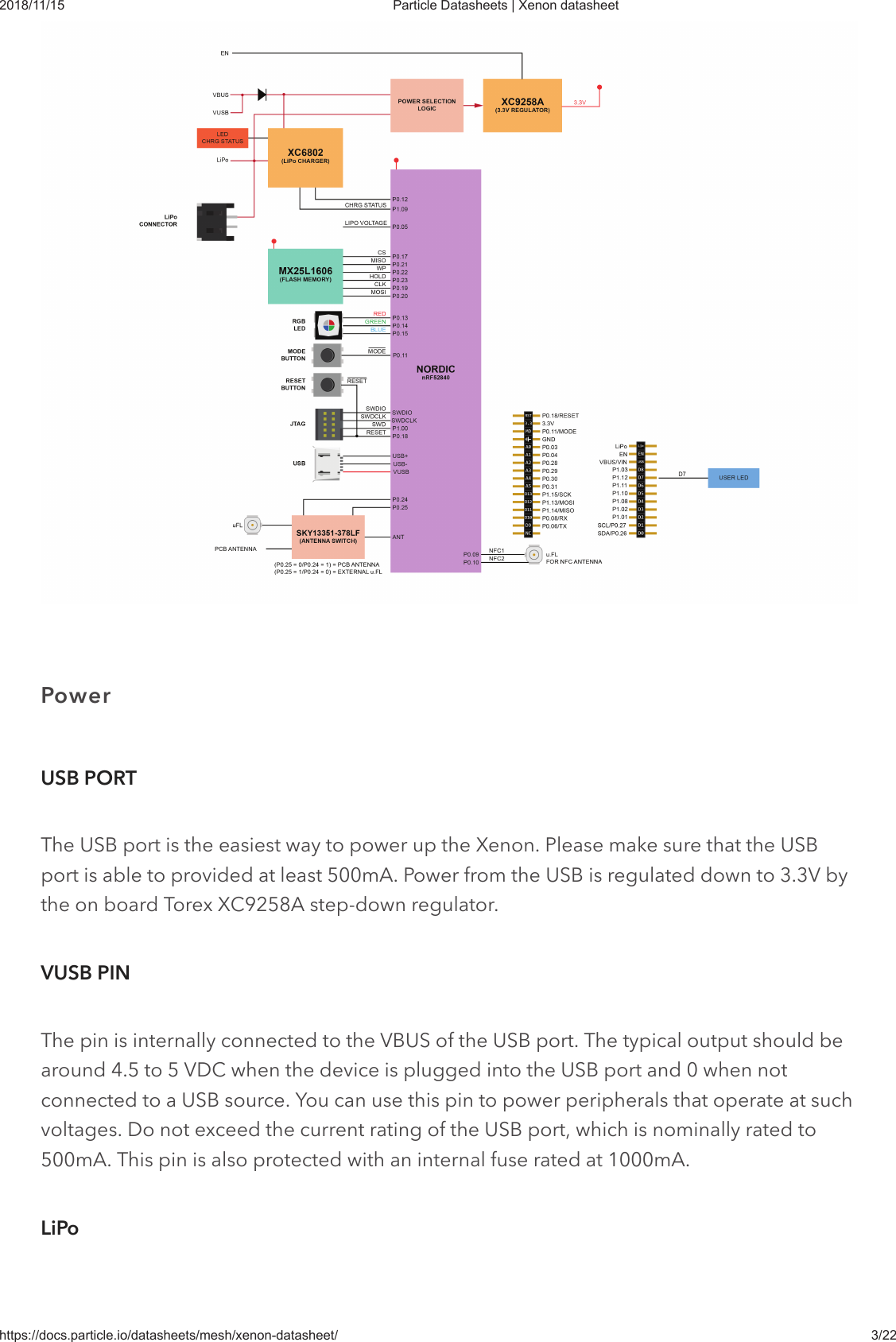 2018/11/15 Particle Datasheets | Xenon datasheethttps://docs.particle.io/datasheets/mesh/xenon-datasheet/ 3/22The USB port is the easiest way to power up the Xenon. Please make sure that the USBport is able to provided at least 500mA. Power from the USB is regulated down to 3.3V bythe on board Torex XC9258A step-down regulator.The pin is internally connected to the VBUS of the USB port. The typical output should bearound 4.5 to 5 VDC when the device is plugged into the USB port and 0 when notconnected to a USB source. You can use this pin to power peripherals that operate at suchvoltages. Do not exceed the current rating of the USB port, which is nominally rated to500mA. This pin is also protected with an internal fuse rated at 1000mA.PowerUSB PORTVUSB PINLiPo