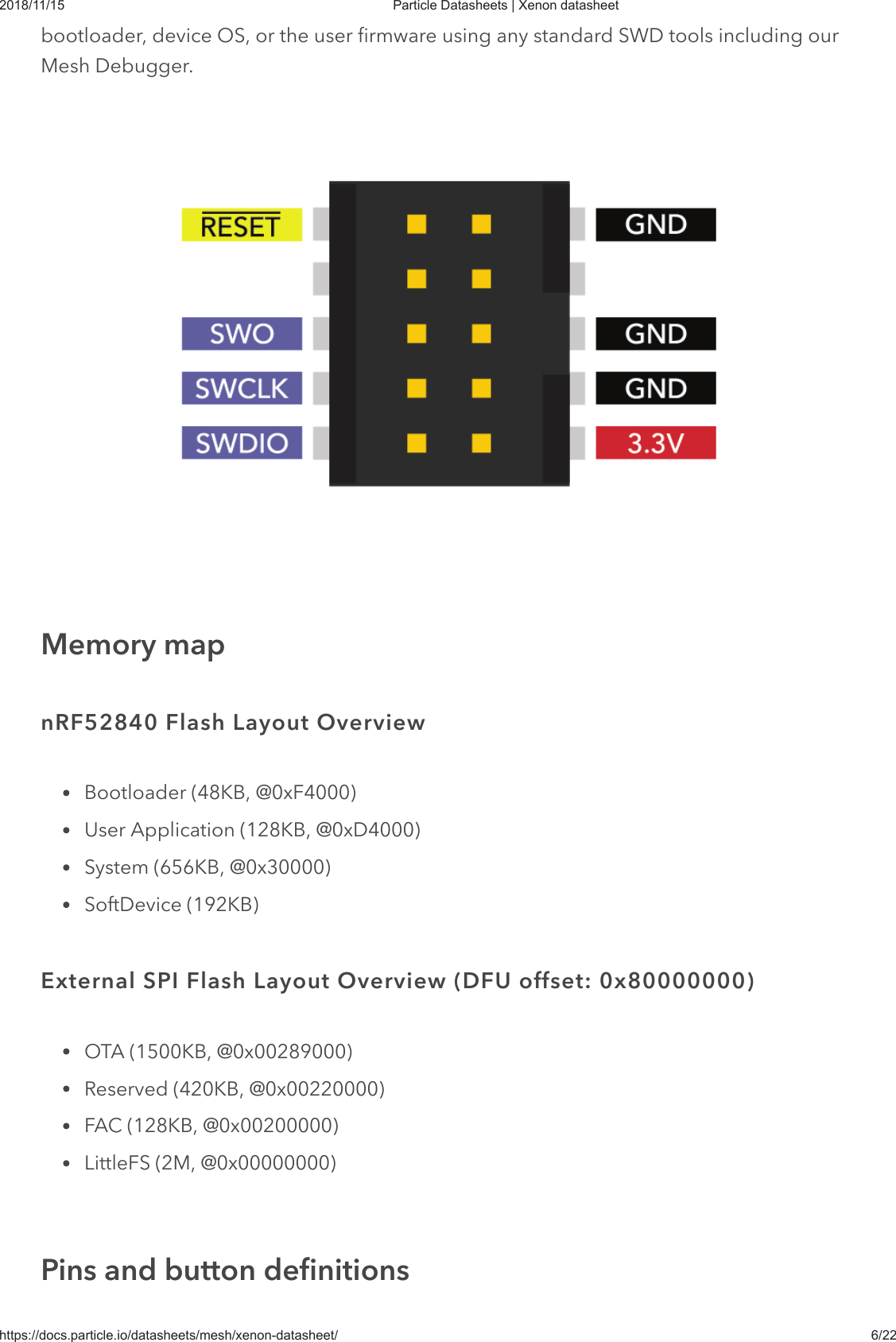 2018/11/15 Particle Datasheets | Xenon datasheethttps://docs.particle.io/datasheets/mesh/xenon-datasheet/ 6/22bootloader, device OS, or the user firmware using any standard SWD tools including ourMesh Debugger.Bootloader (48KB, @0xF4000)User Application (128KB, @0xD4000)System (656KB, @0x30000)SoftDevice (192KB)OTA (1500KB, @0x00289000)Reserved (420KB, @0x00220000)FAC (128KB, @0x00200000)LittleFS (2M, @0x00000000)Memory mapnRF52840 Flash Layout OverviewExternal SPI Flash Layout Overview (DFU offset: 0x80000000)Pins and button definitions