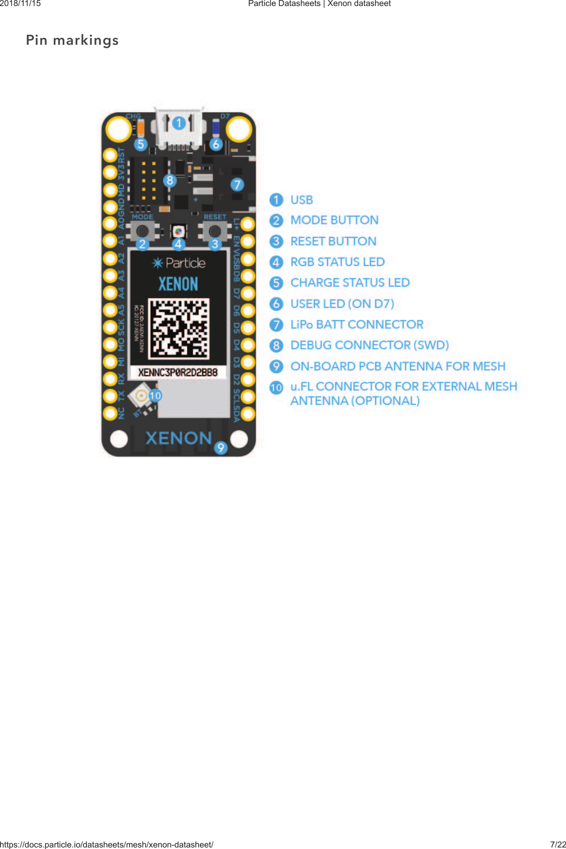 2018/11/15 Particle Datasheets | Xenon datasheethttps://docs.particle.io/datasheets/mesh/xenon-datasheet/ 7/22Pin markings