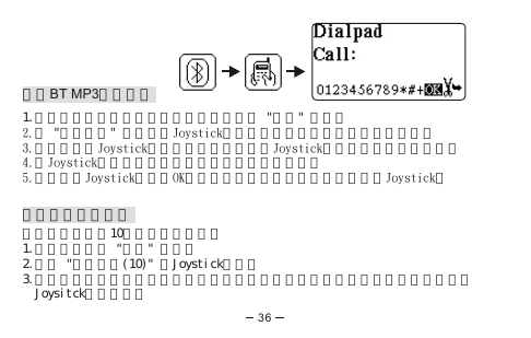 透過BT MP3撥出電話1.按通話結束鍵回到主目錄，然後選擇進入 &quot;藍芽&quot; 選項。2.選 &quot;撥號鍵盤&quot; 選項，按Joystick進入。數字及符號會在顯示屏上顯示。3.左推或右推Joystick選擇所需數字，然後按Joystick來確定輸入（見圖八）。4.推Joystick選擇剪刀圖示來刪除上一個所選的數字。5.你可以推Joystick來選擇OK以撥出電話。要取消撥出電話，右推Joystick。檢視已接來電號碼你可以檢視最後10通已接來電的號碼1.在主目錄下選 &quot;藍芽&quot; 選項。2.選擇 &quot;已接電話(10)&quot; 按Joystick進入。3.上下移動並檢視已接來電的號碼，要重撥請將光棒移動到需要重撥的號碼上並按  Joysitck進行重撥。36