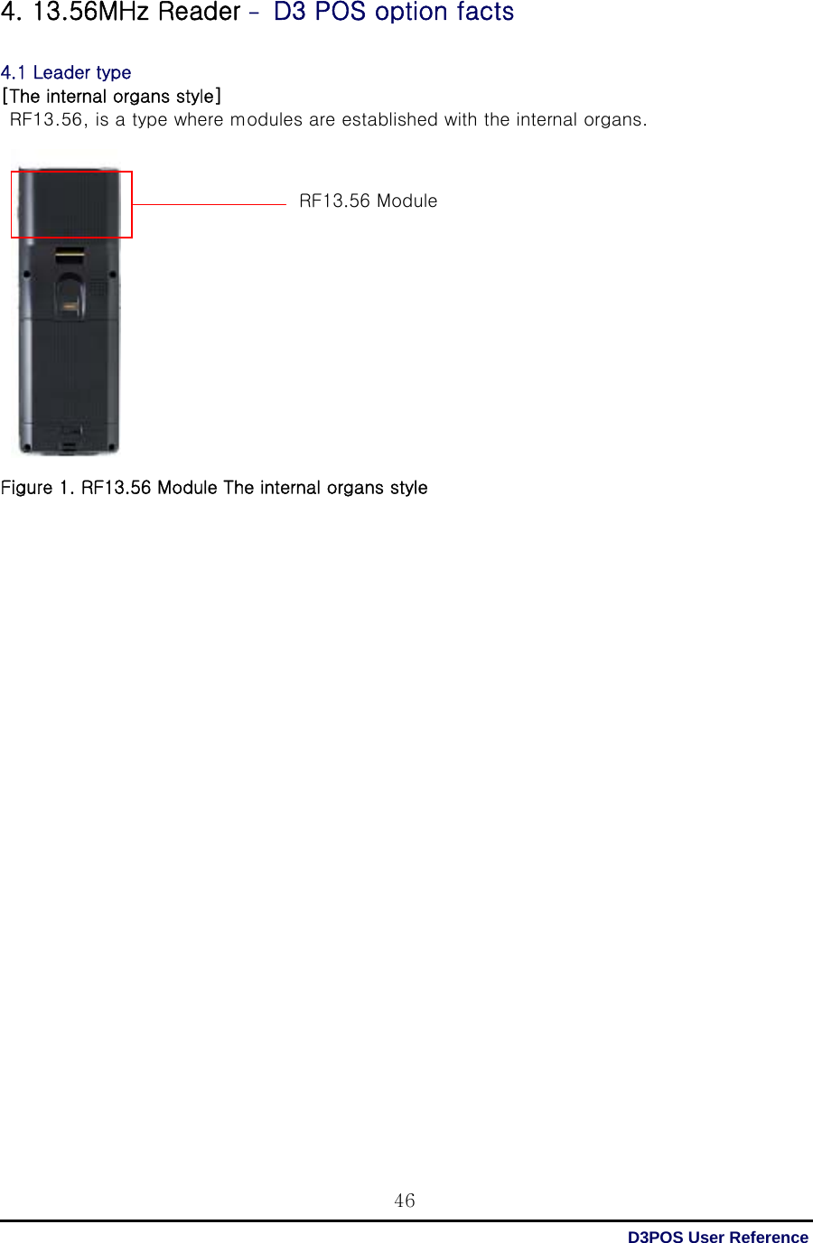  D3POS User Reference 464. 13.56MHz Reader – D3 POS option facts  4.1 Leader type [The internal organs style]  RF13.56, is a type where modules are established with the internal organs.             Figure 1. RF13.56 Module The internal organs style                           RF13.56 Module