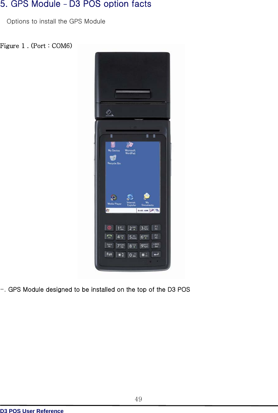   D3 POS User Reference 49 5. GPS Module - D3 POS option facts  Options to install the GPS Module   Figure 1 . (Port : COM6)                              -. GPS Module designed to be installed on the top of the D3 POS           