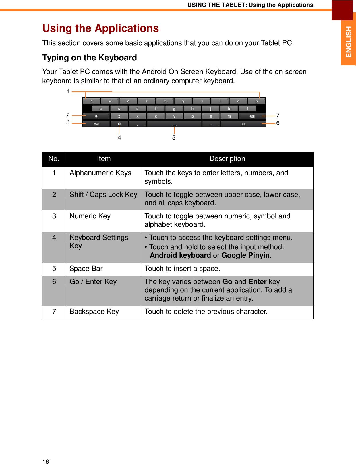 16 USING THE TABLET: Using the Applications   ENGLISH Using the Applications  This section covers some basic applications that you can do on your Tablet PC.  Typing on the Keyboard  Your Tablet PC comes with the Android On-Screen Keyboard. Use of the on-screen keyboard is similar to that of an ordinary computer keyboard. 1    2  7 3  6  4  5   No.  Item  Description 1  Alphanumeric Keys  Touch the keys to enter letters, numbers, and symbols. 2  Shift / Caps Lock Key Touch to toggle between upper case, lower case, and all caps keyboard. 3  Numeric Key  Touch to toggle between numeric, symbol and alphabet keyboard. 4  Keyboard Settings Key • Touch to access the keyboard settings menu. • Touch and hold to select the input method: Android keyboard or Google Pinyin. 5  Space Bar  Touch to insert a space. 6  Go / Enter Key  The key varies between Go and Enter key depending on the current application. To add a carriage return or finalize an entry. 7  Backspace Key  Touch to delete the previous character. 