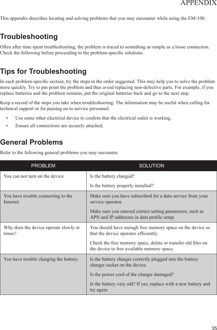 35APPENDIXThis appendix describes locating and solving problems that you may encounter while using the EM-100.TroubleshootingOften after time spent troubleshooting, the problem is traced to something as simple as a loose connection. Check the following before proceeding to the problem-specic solutions. Tips for TroubleshootingIn each problem-specic section, try the steps in the order suggested. This may help you to solve the problem more quickly. Try to pin point the problem and thus avoid replacing non-defective parts. For example, if you replace batteries and the problem remains, put the original batteries back and go to the next step.Keep a record of the steps you take when troubleshooting: The information may be useful when calling for technical support or for passing on to service personnel.Use some other electrical device to conrm that the electrical outlet is working.• Ensure all connections are securely attached.• General Problems Refer to the following general problems you may encounter. PROBLEM SOLUTIONYou can not turn on the device Is the battery charged?Is the battery properly installed?You have trouble connecting to the InternetMake sure you have subscribed for a data service from your service operator.Make sure you entered correct setting parameters, such as APN and IP addresses in data prole setup.Why does the device operate slowly at times?You should have enough free memory space on the device so that the device operates efciently. Check the free memory space, delete or transfer old les on the device to free available memory space.You have trouble charging the battery. Is the battery charger correctly plugged into the battery charger socket on the device.Is the power cord of the charger damaged?Is the battery very old? If yes, replace with a new battery and try again.