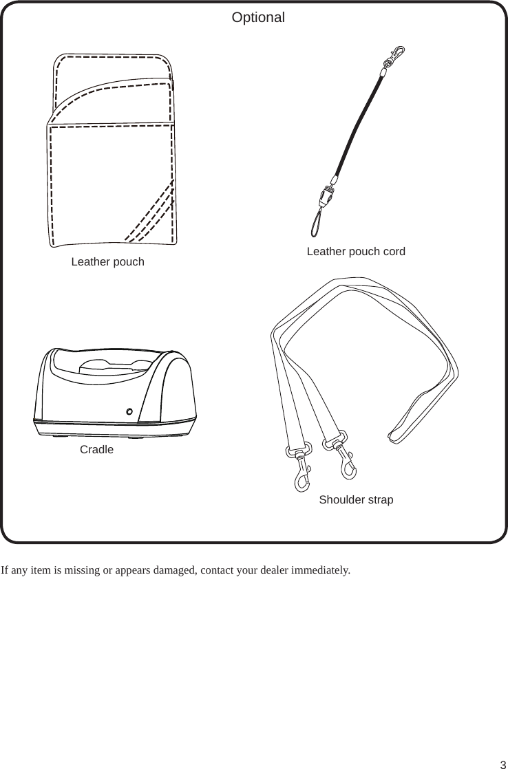 3If any item is missing or appears damaged, contact your dealer immediately.Leather pouch Leather pouch cordShoulder strapCradleOptional